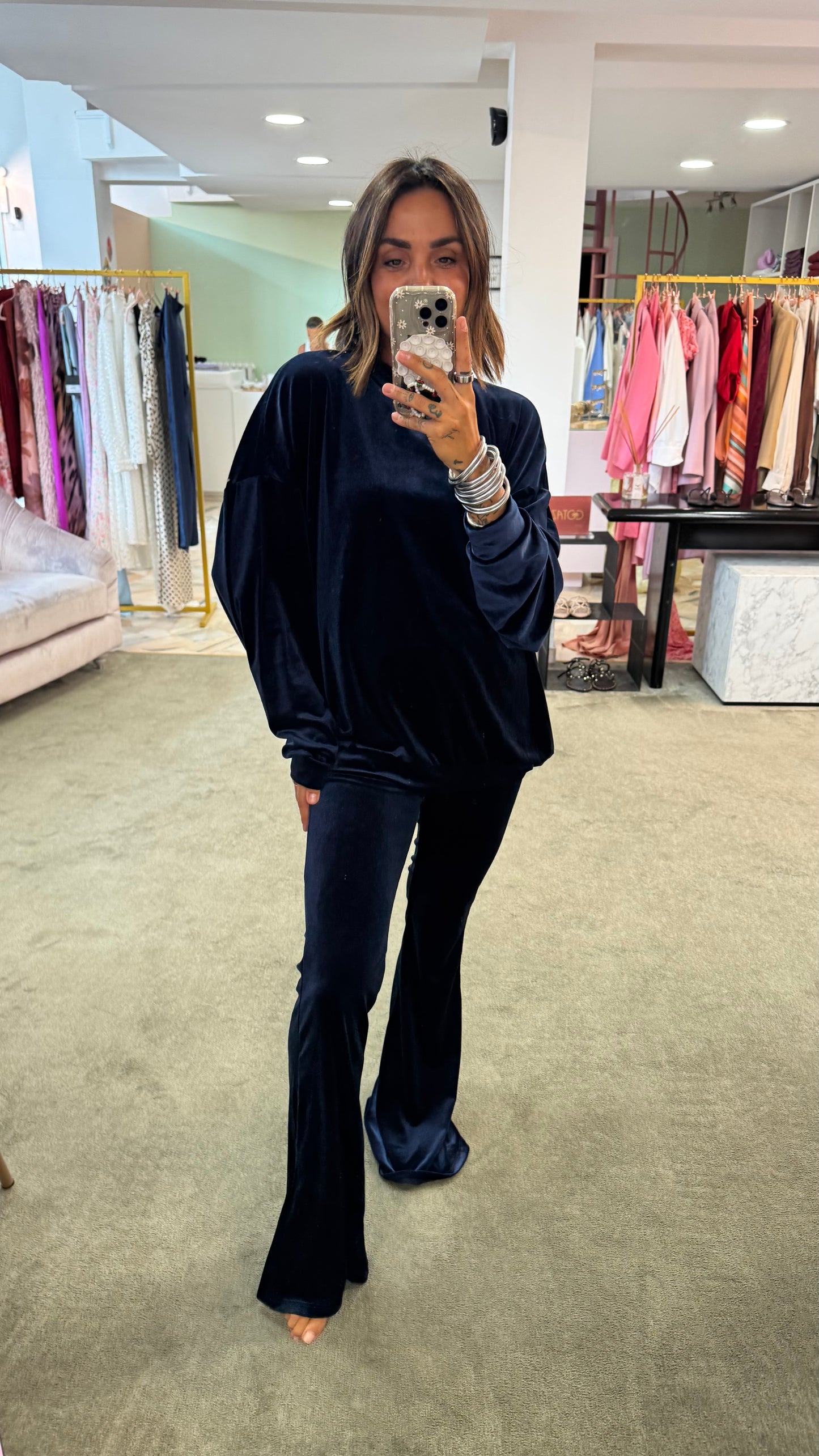 Pantaloni flare blu notte in velluto Don't@Me