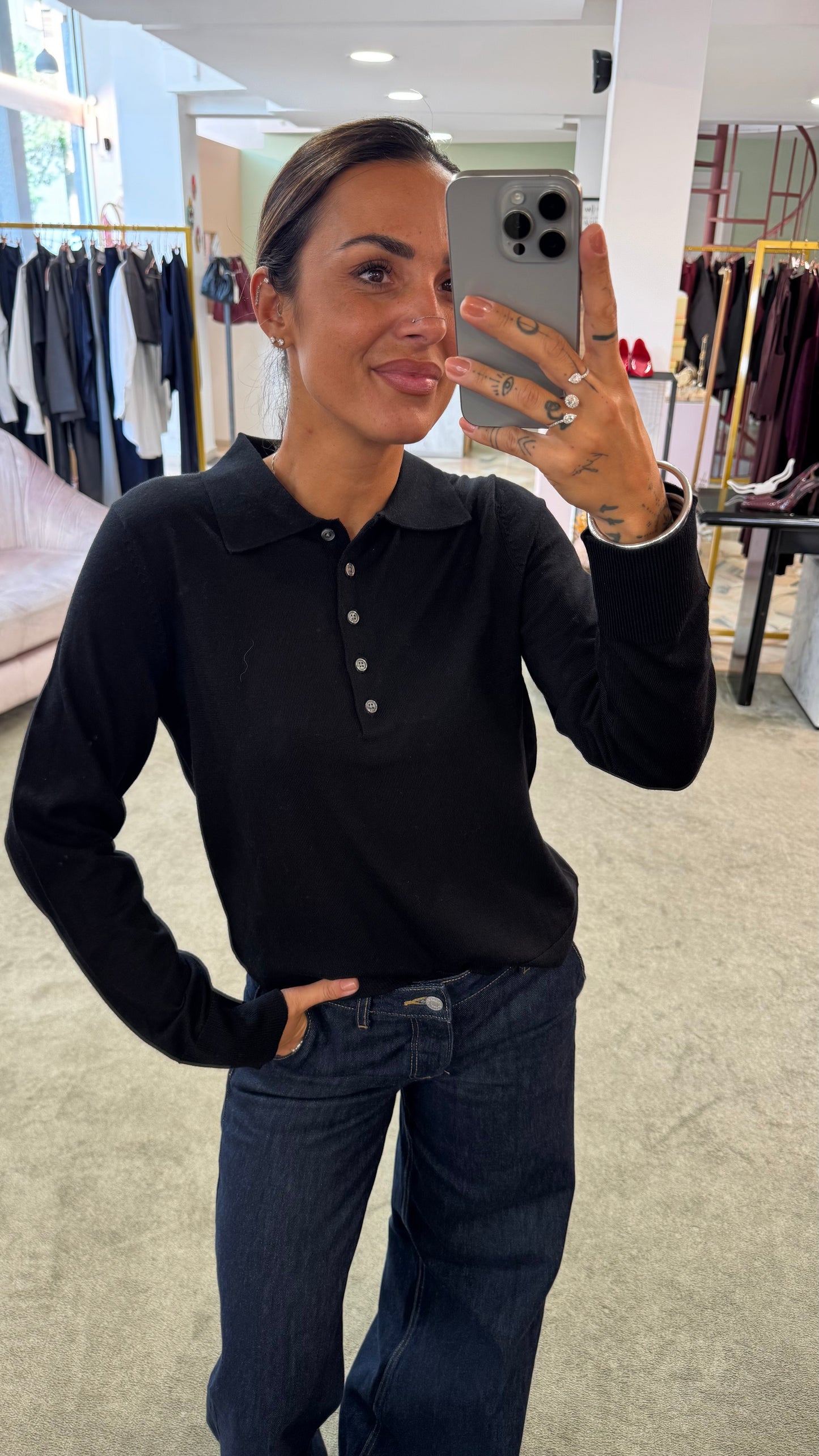 Polo nera maniche lunghe in lana sl