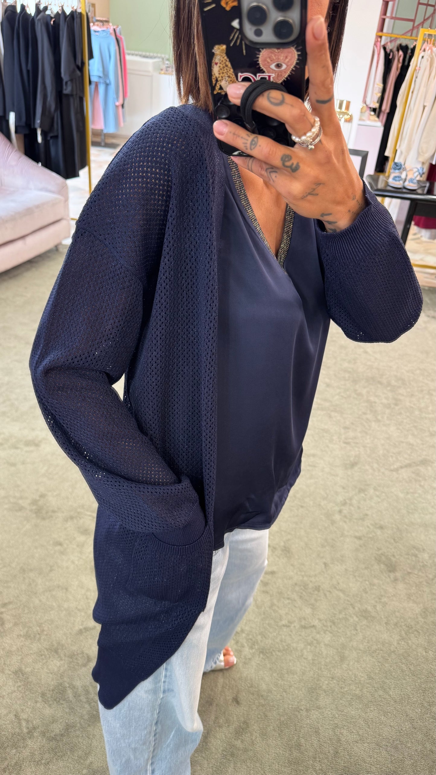 Cardigan lungo blu con tasche in lamè fr