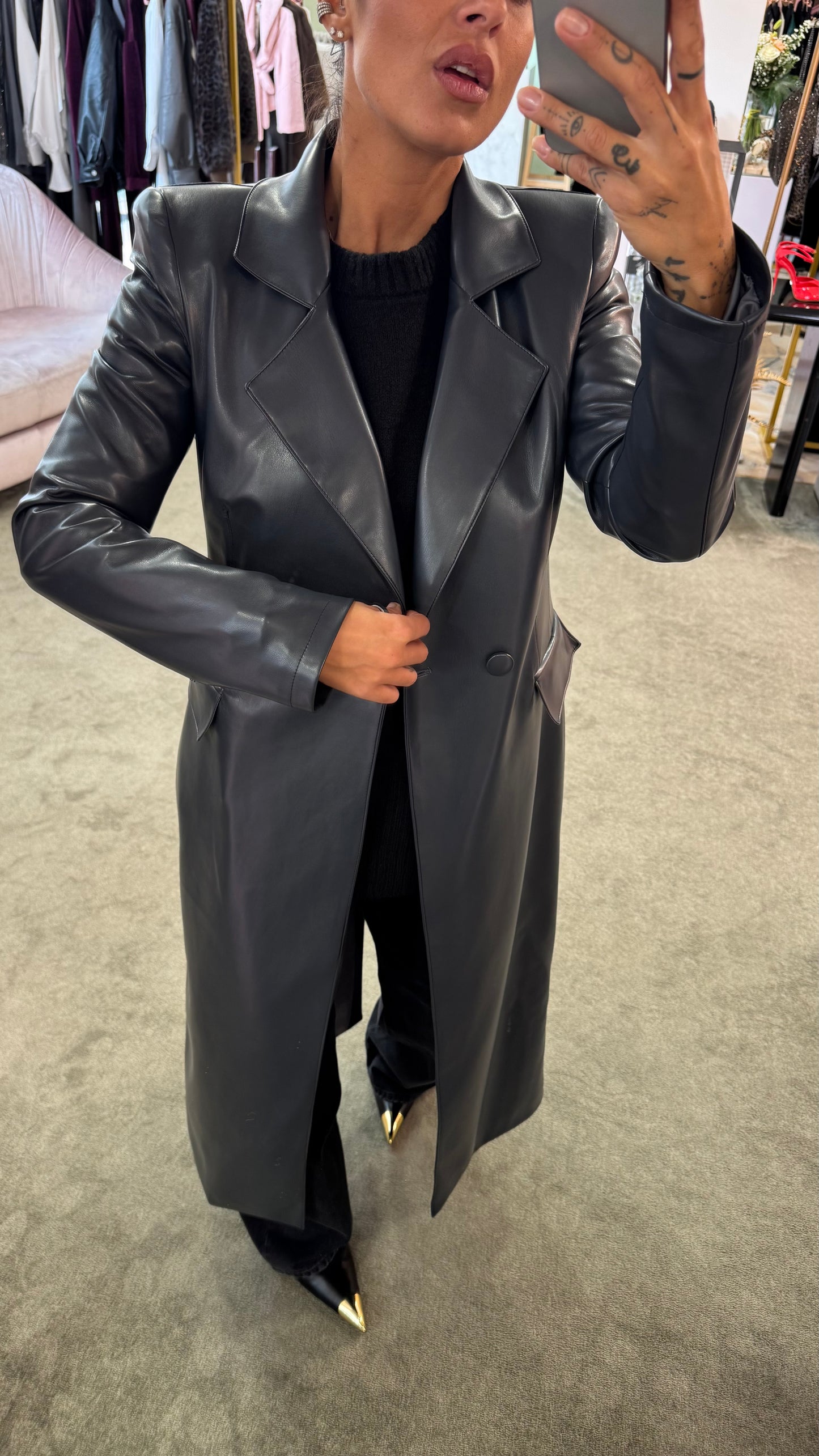 Cappotto lungo ecopelle grigio antracite ks
