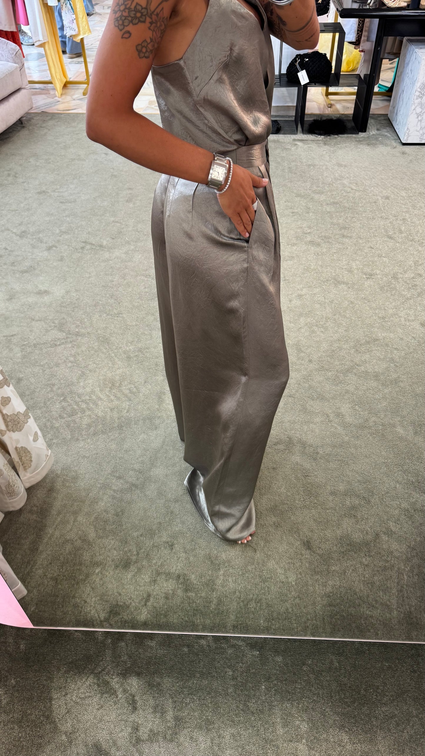 Pantaloni verde militare in satin wide leg sl
