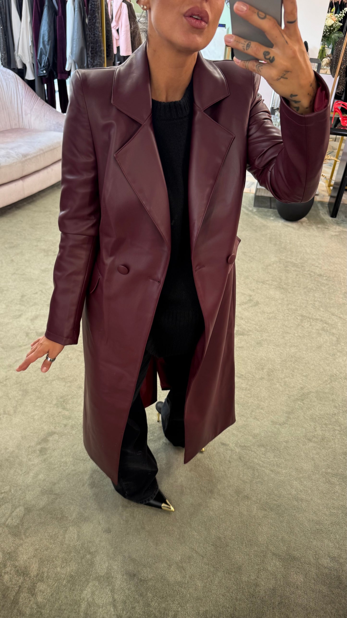Cappotto lungo ecopelle bordeaux ks