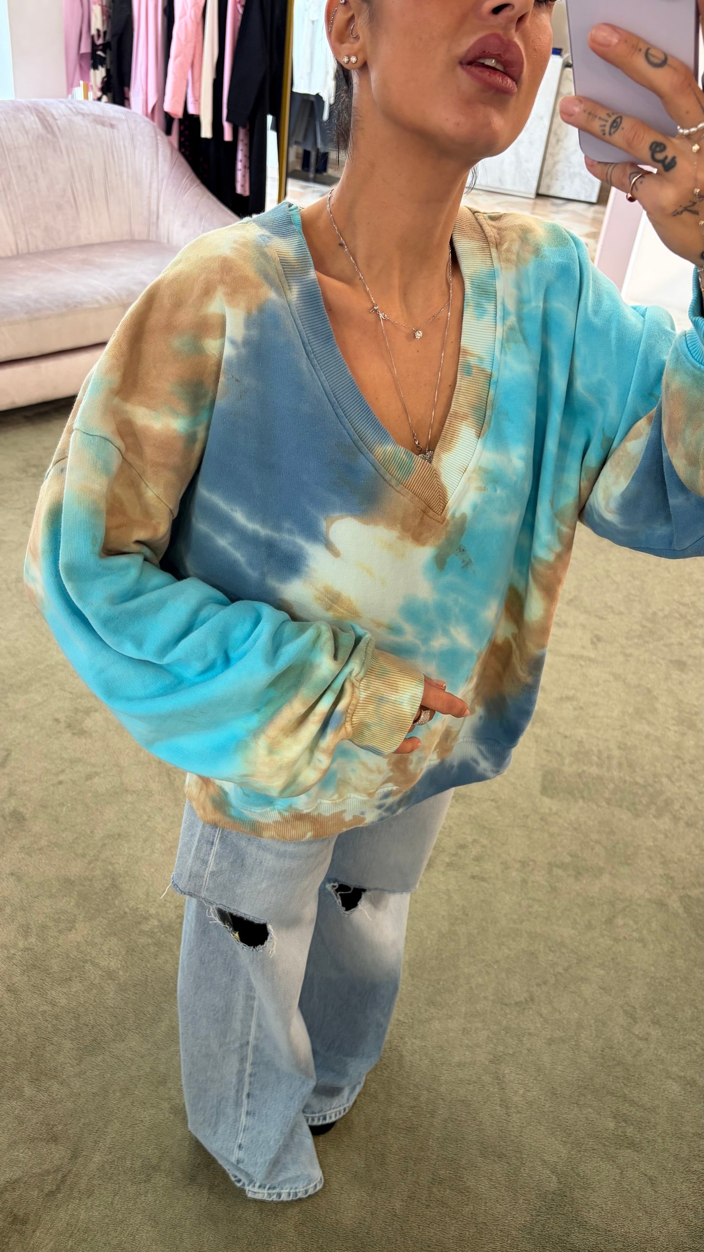 Felpa azzurra tie-dye scollo a v Don't@Me