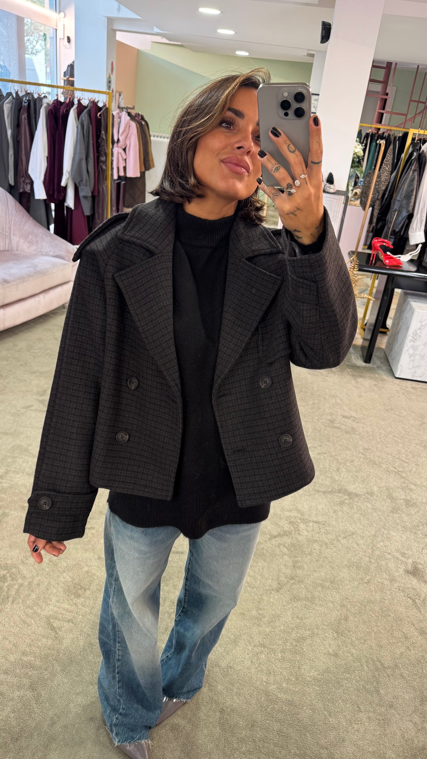 Cappotto caban tartan grigio e marrone corto jx