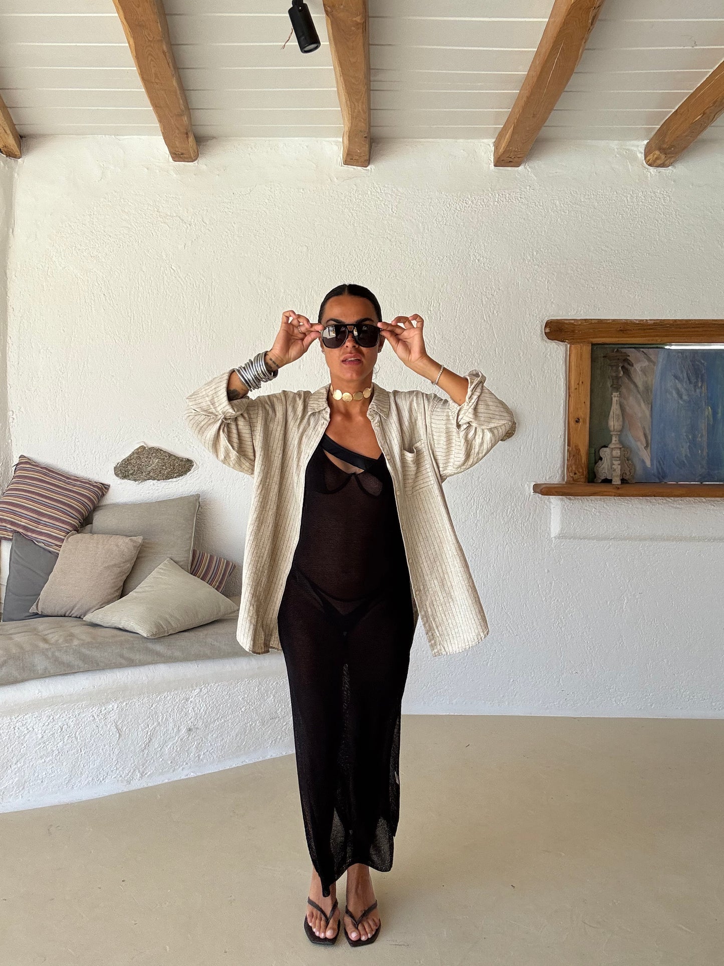 Camicia beige a righe in lino jx