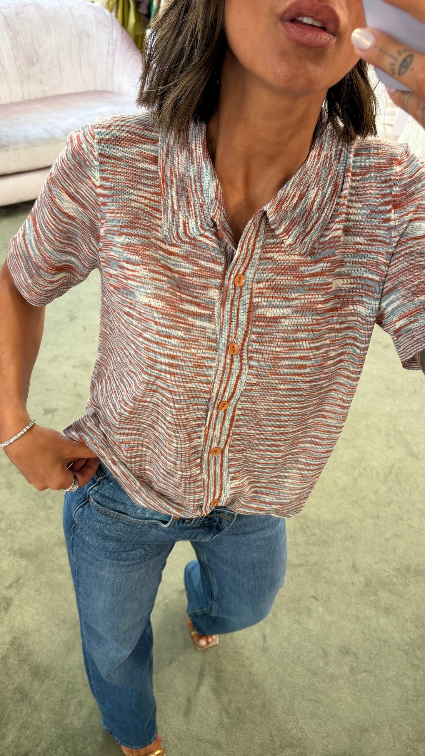 Polo camicia a righe multicolor con bottoncini apribili manica corta ay