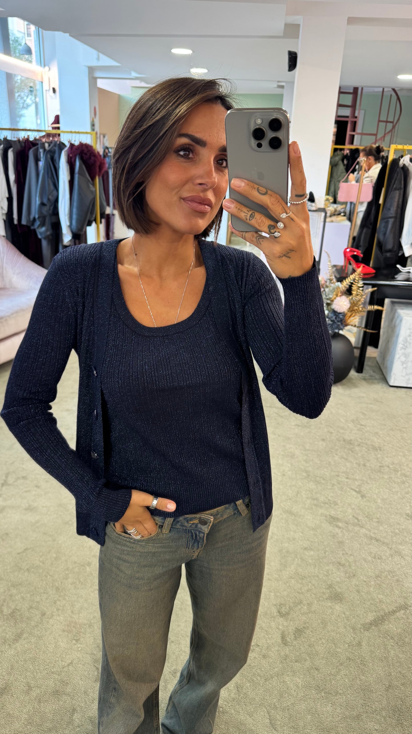 Set canotta e cardigan blu notte lurex a costine bj