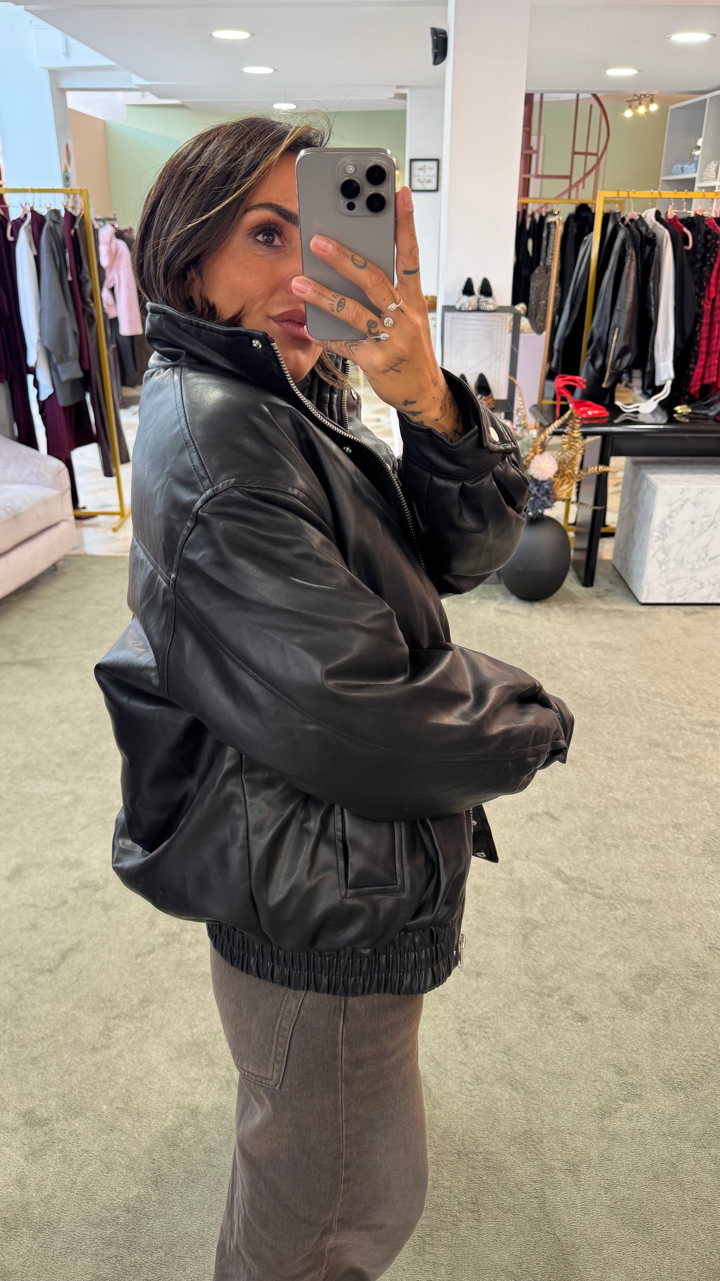 Bomber aviator nero imbottito in ecopelle gl