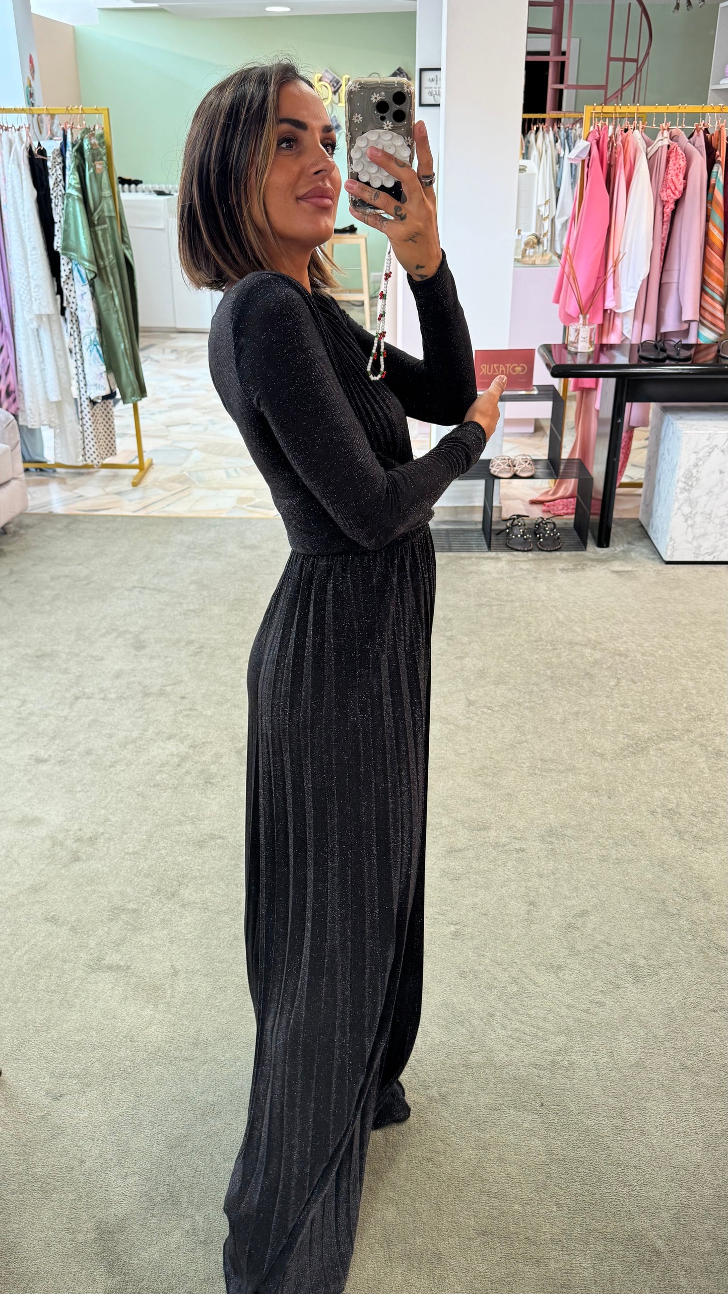 Jumpsuit nera lurex plisse’ in maglia fr