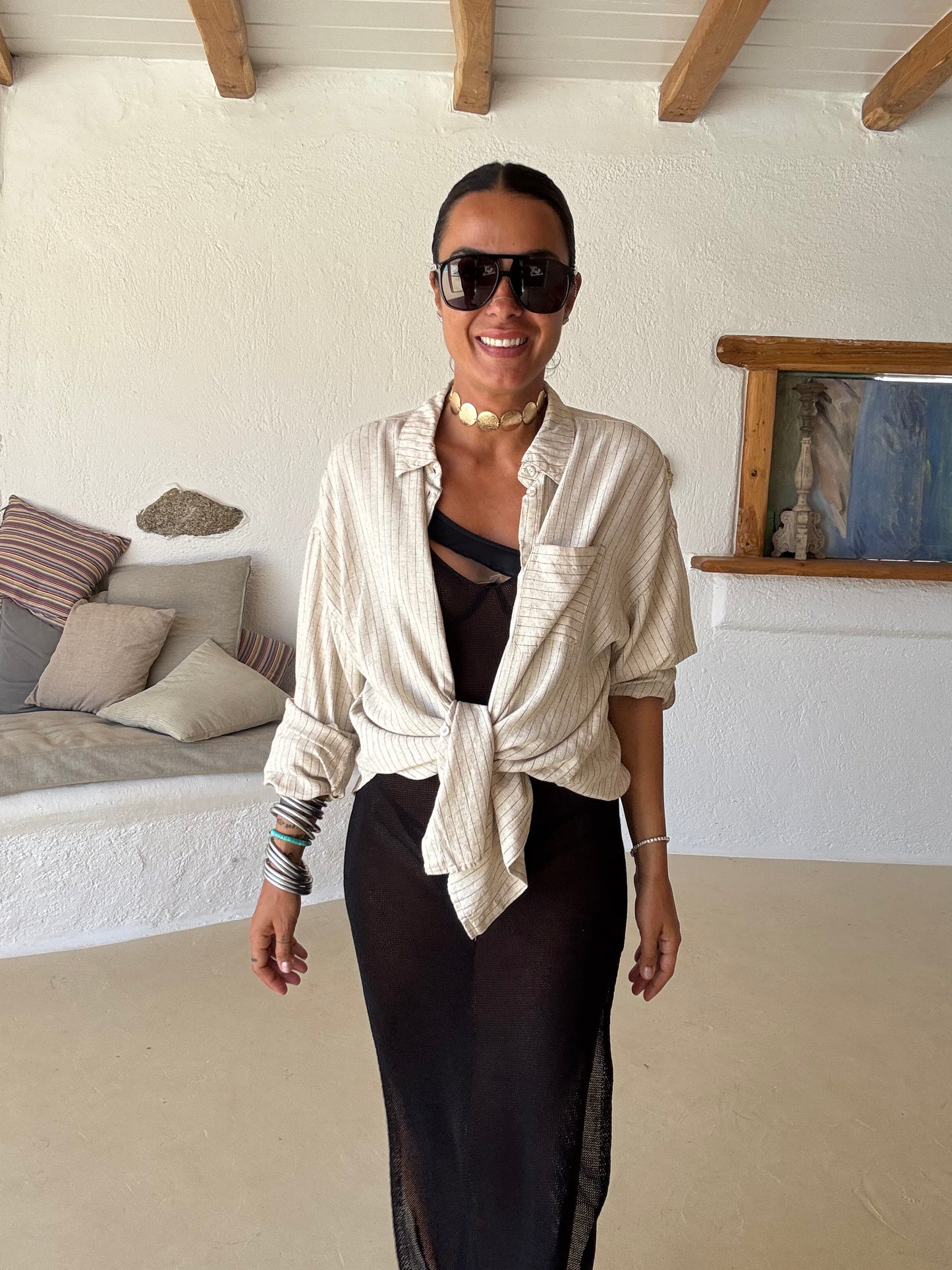 Camicia beige a righe in lino jx