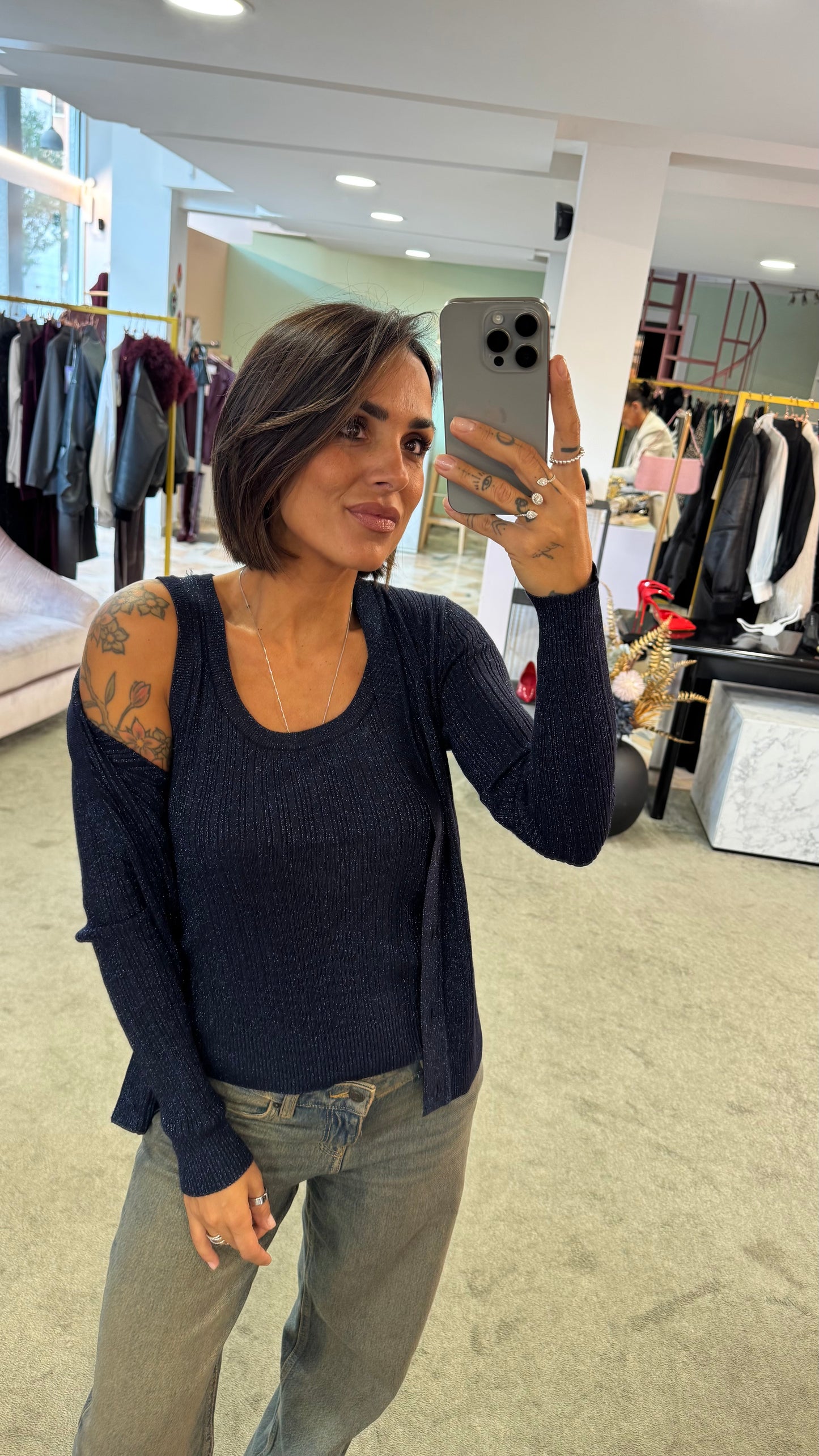 Set canotta e cardigan blu notte lurex a costine bj
