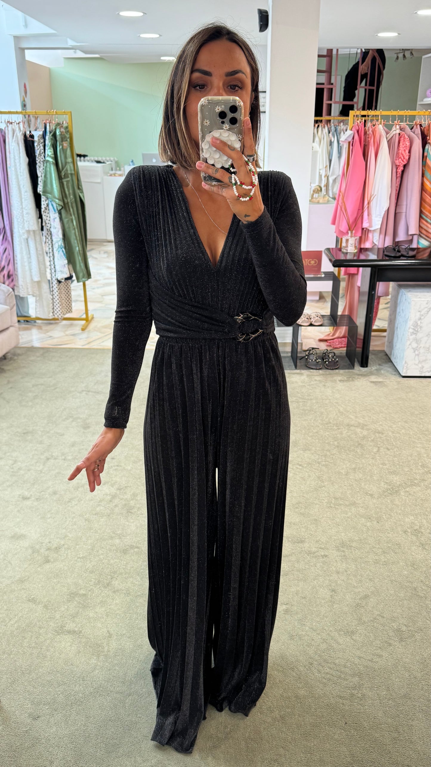 Jumpsuit nera lurex plisse’ in maglia fr