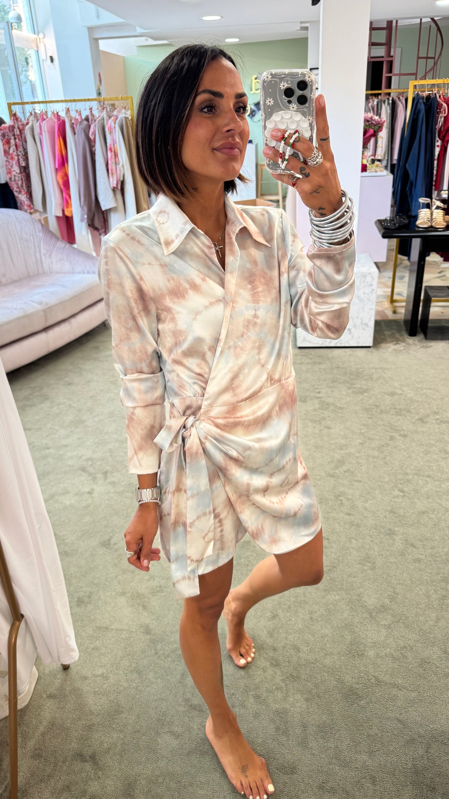 Abito camicia a portafoglio azzurro tie-dye gl