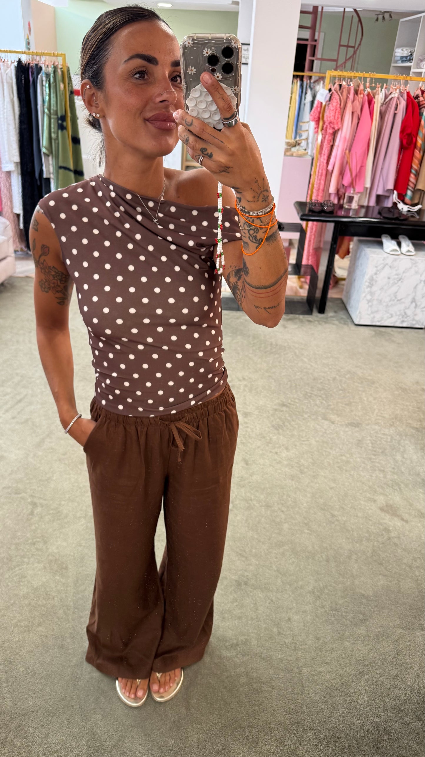 Pantaloni tabacco in lino con coulisse ep