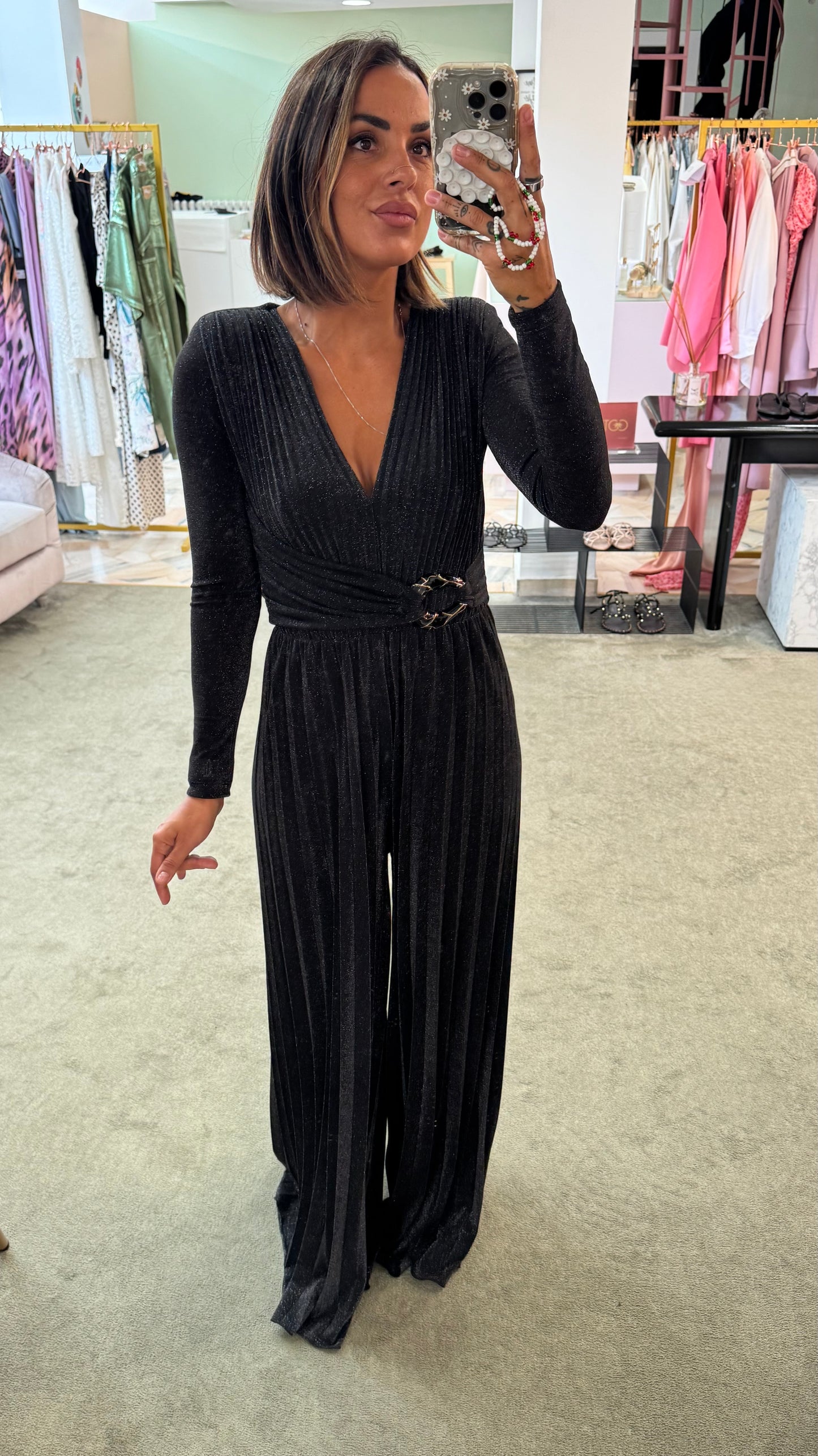 Jumpsuit nera lurex plisse’ in maglia fr