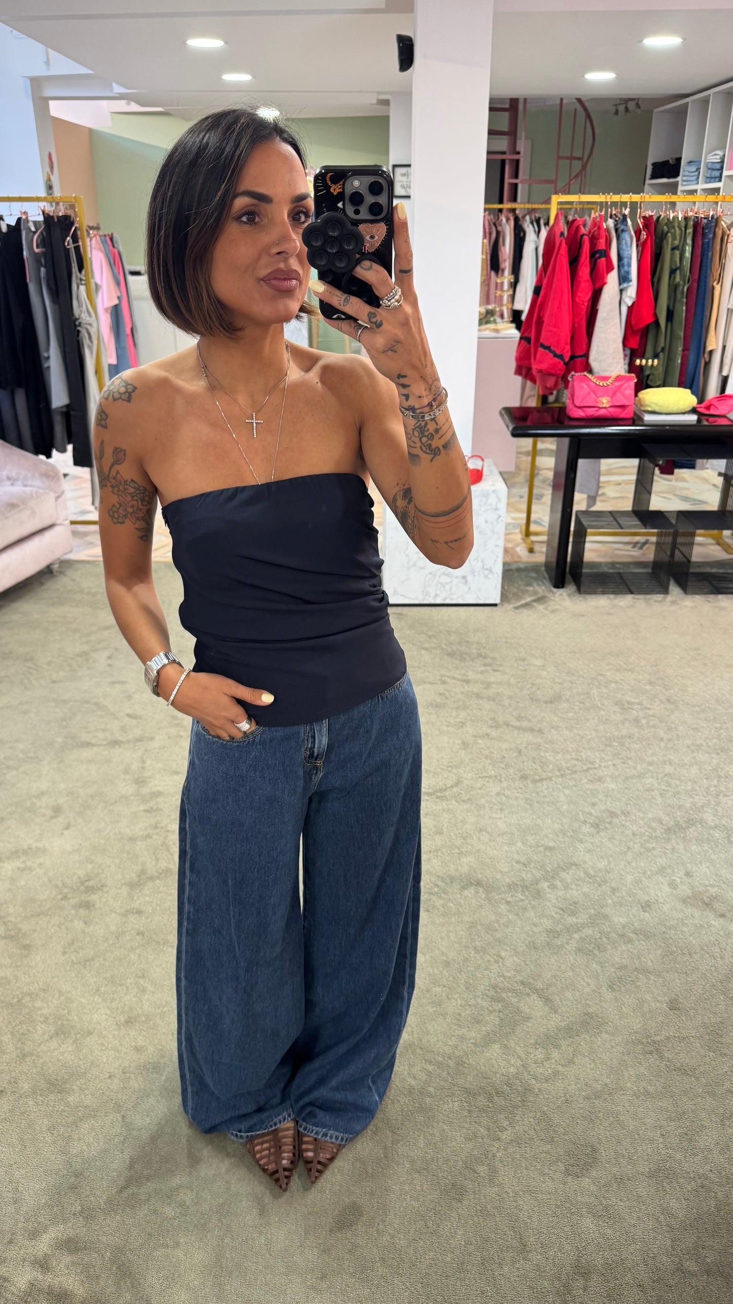 Top fascia blu notte con arricciatura tessuto classico