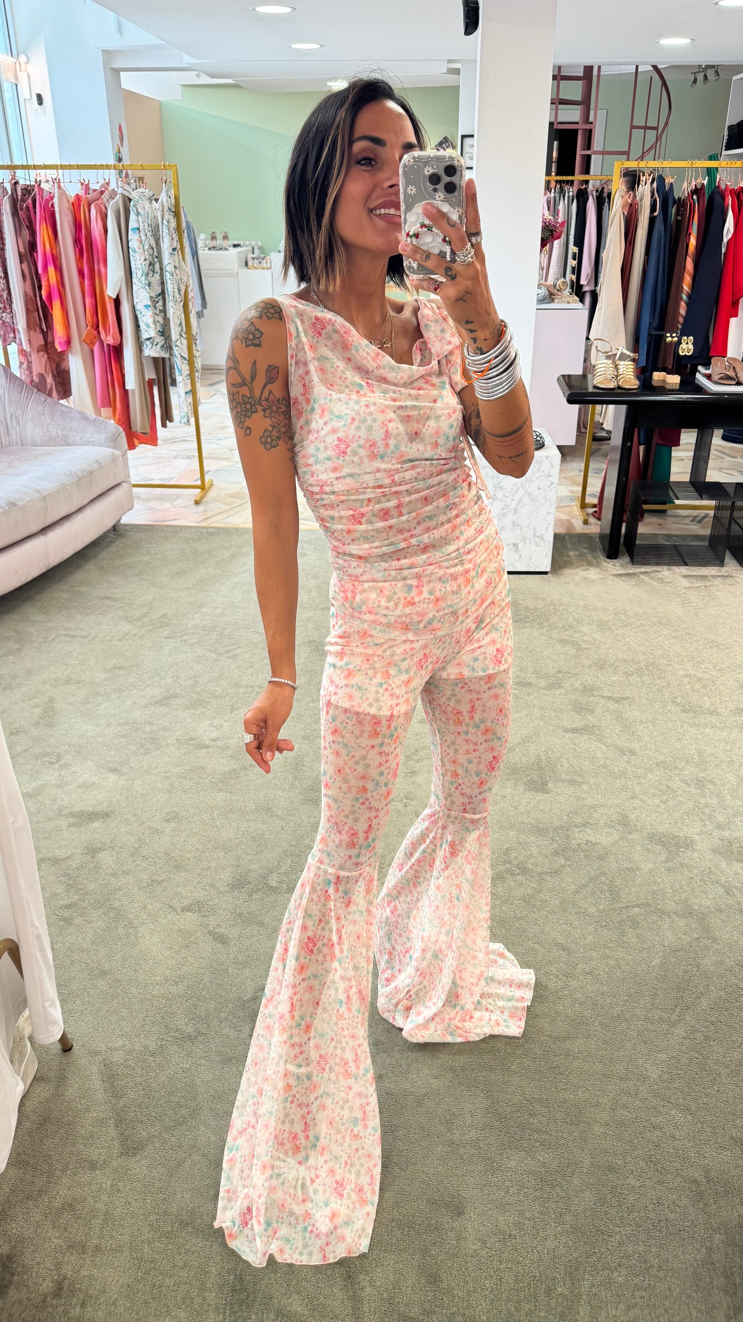Completo canotta e pantalone in tulle a fiori ks