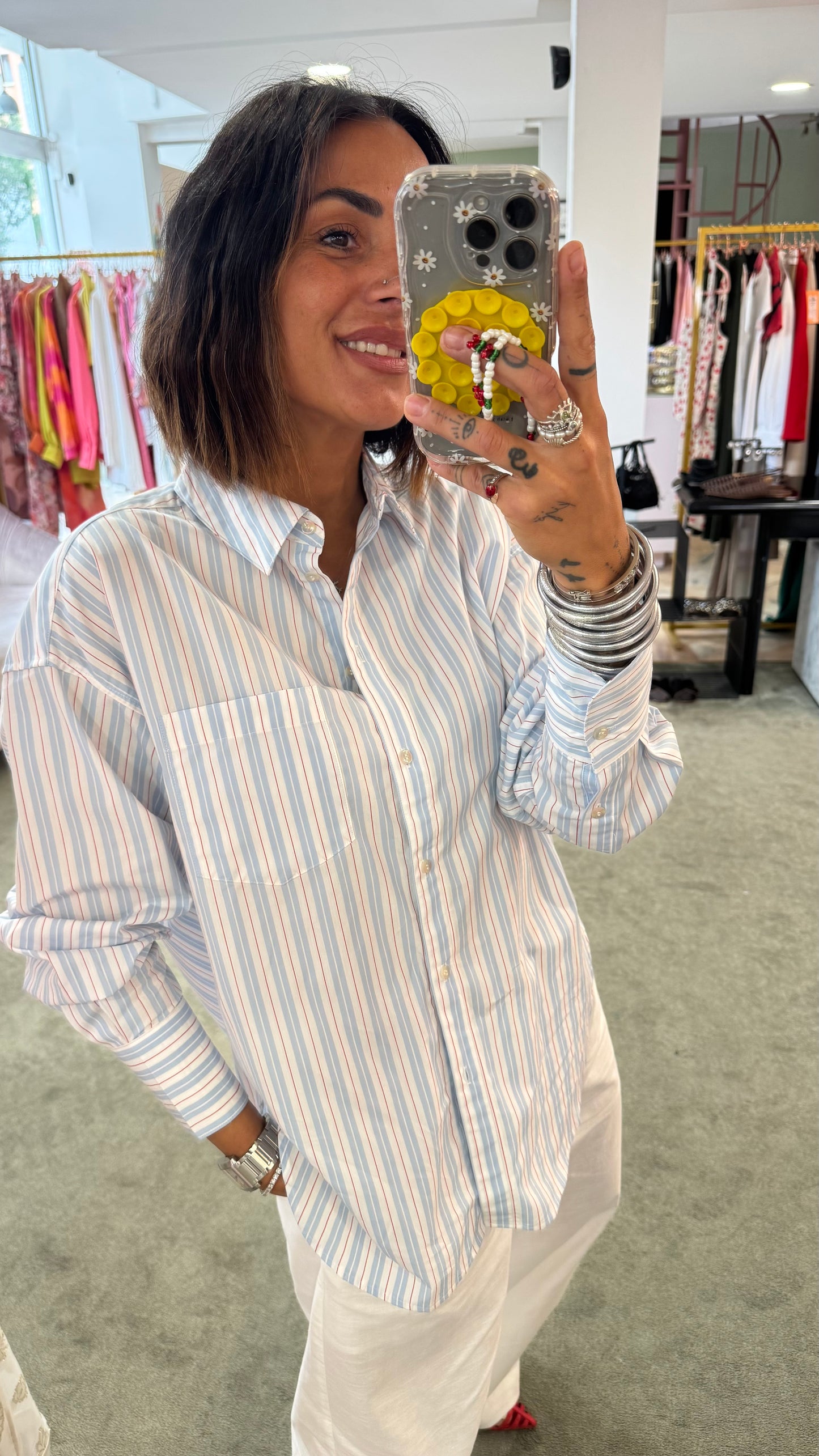 Camicia a righe bianca azzurra e rossa in cotone jx