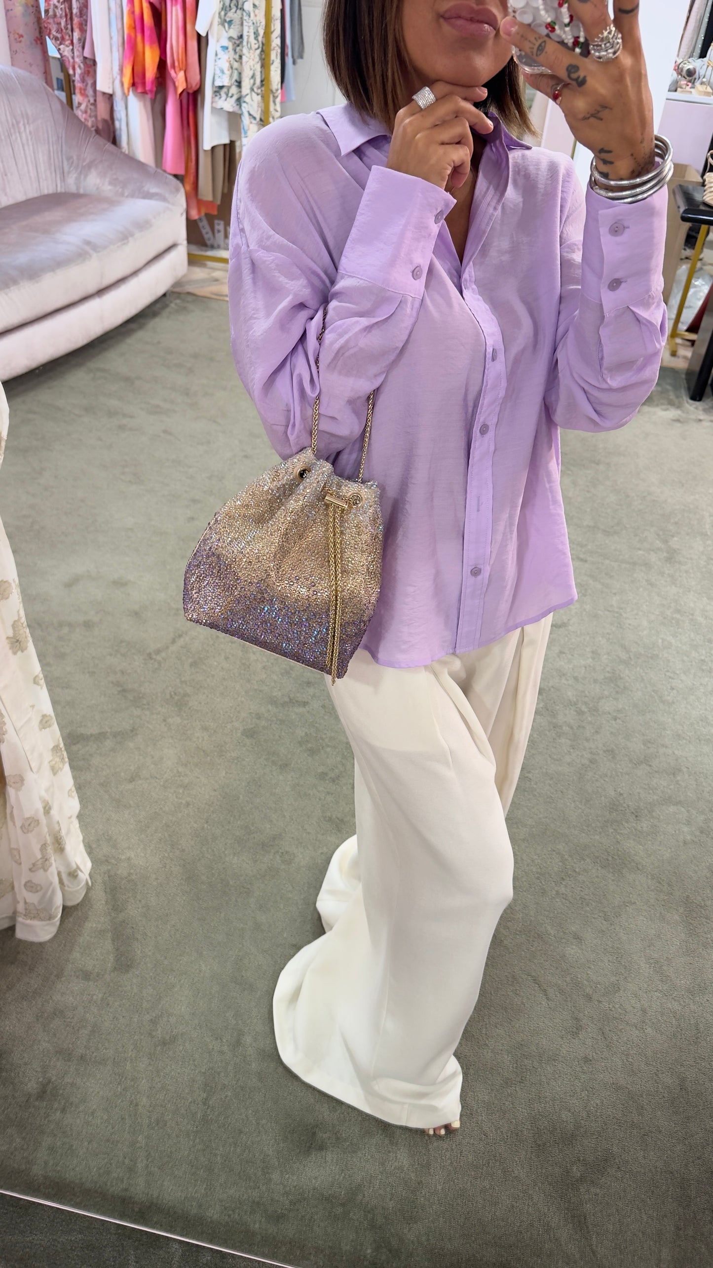 Borsa sacchetto multicolor oro e lilla con cristalli