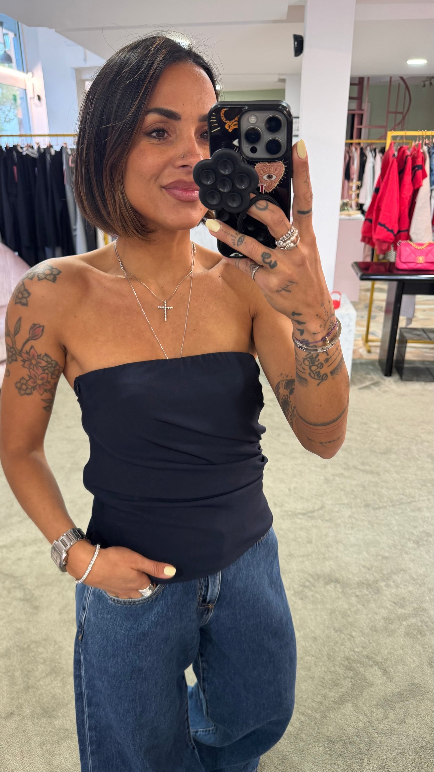 Top fascia blu notte con arricciatura tessuto classico