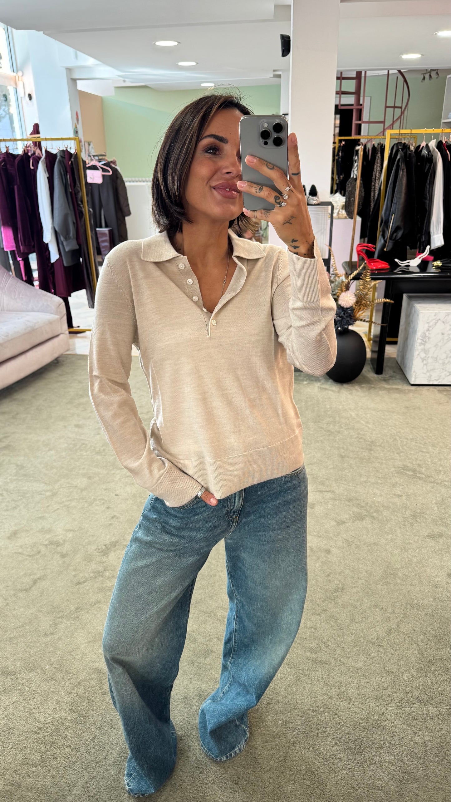 Polo beige maniche lunghe in lana sl