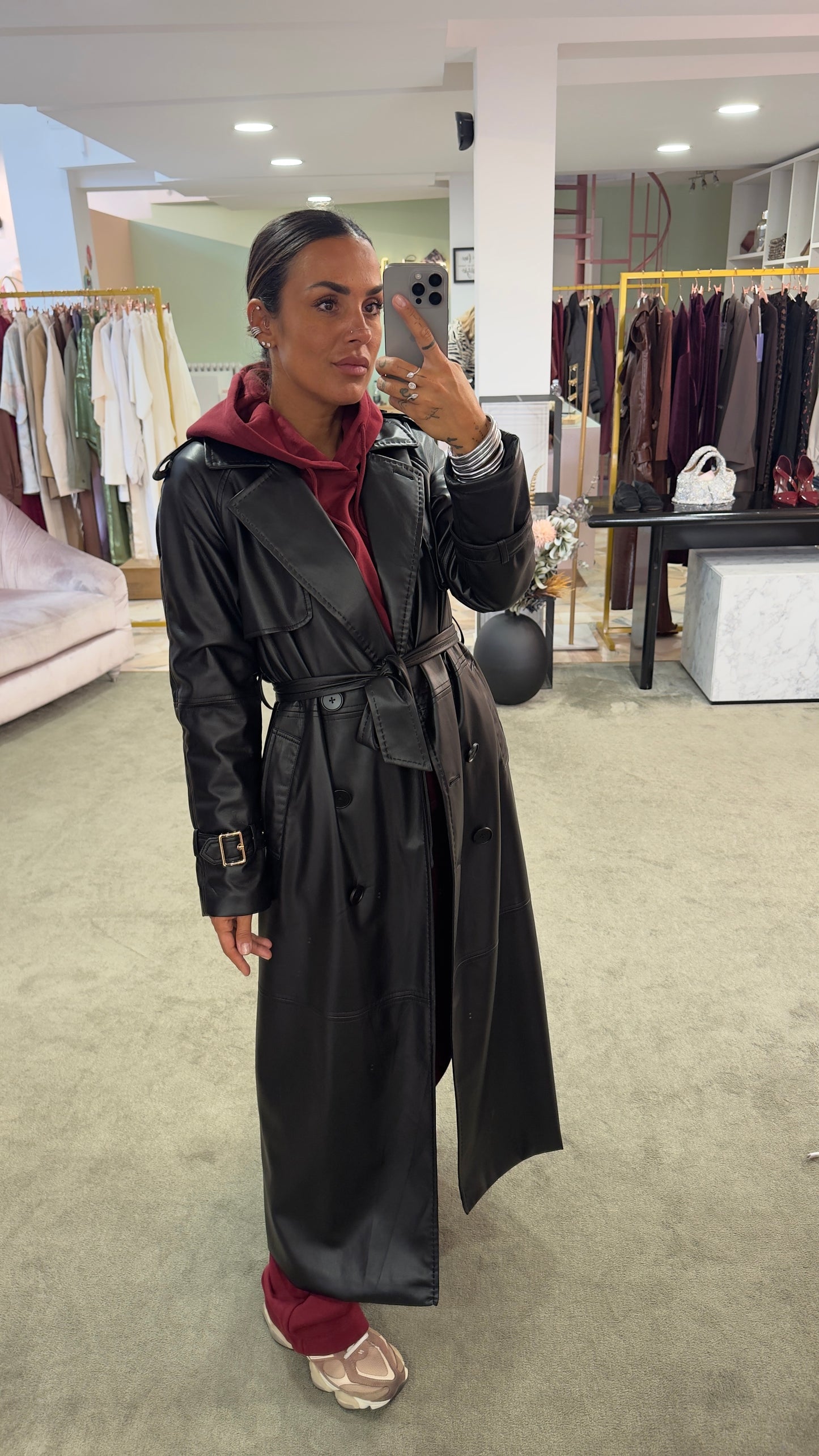 Trench nero lungo in ecopelle fr