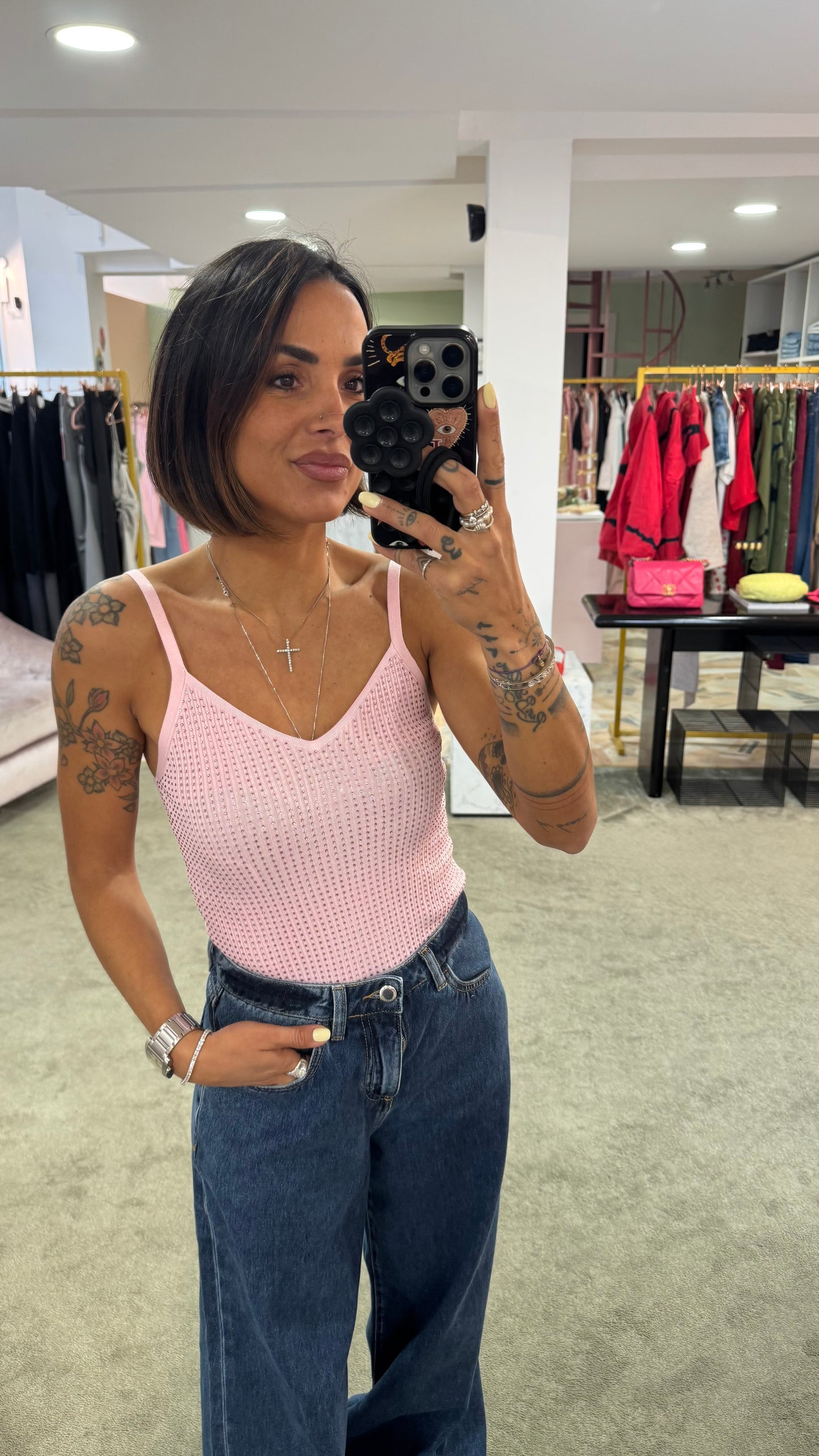 Canotta in maglia viscosa rosa spallina fine con cristalli fr