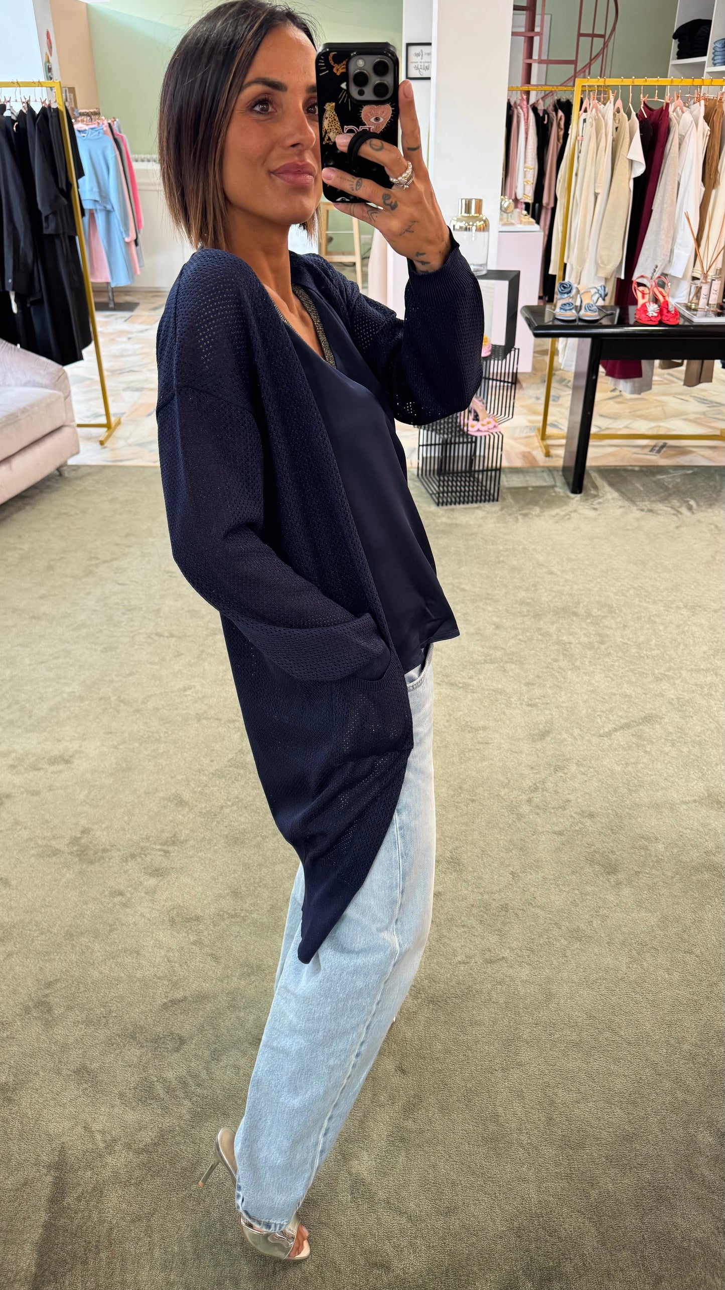 Cardigan lungo blu con tasche in lamè fr