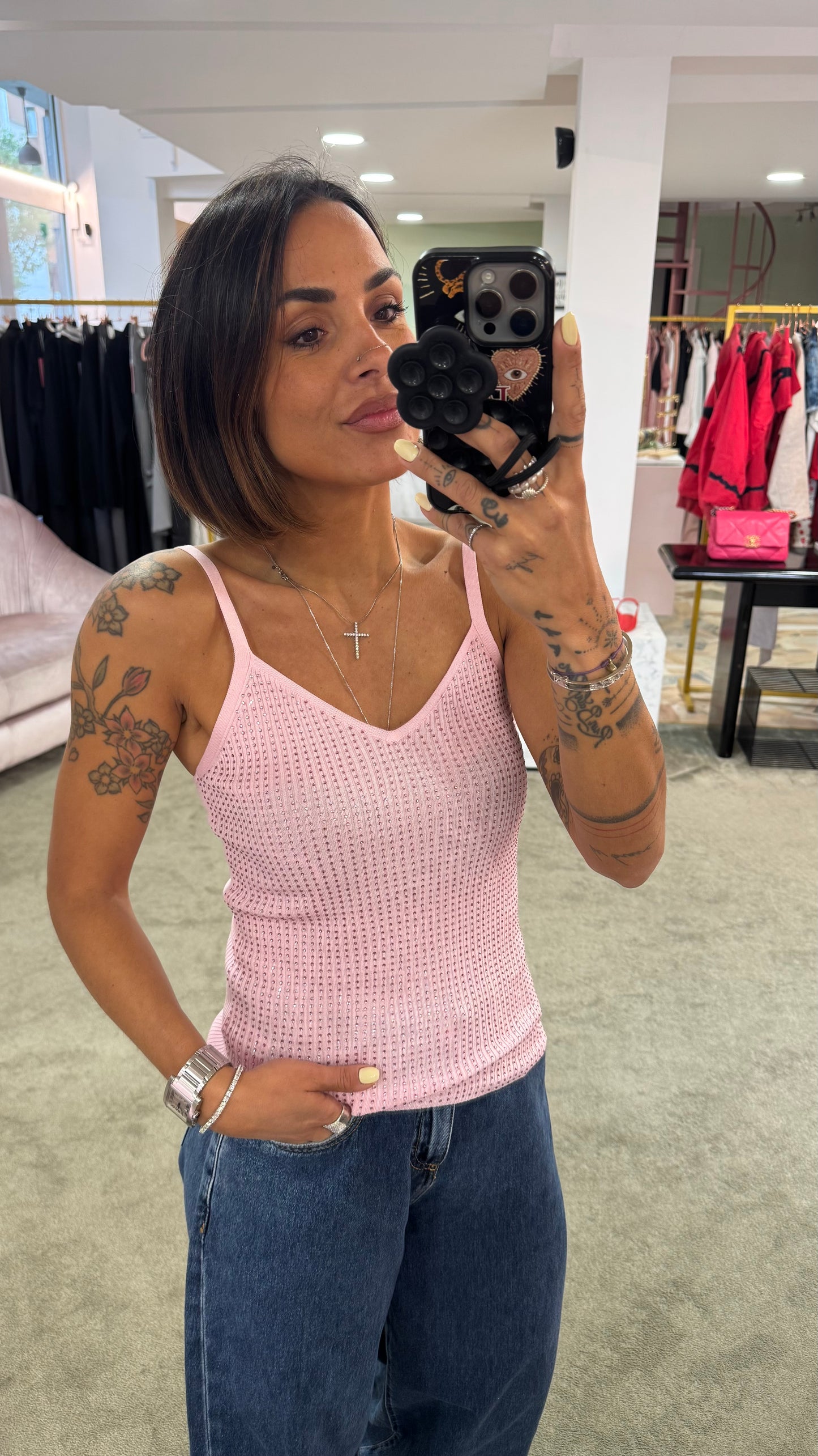 Canotta in maglia viscosa rosa spallina fine con cristalli fr