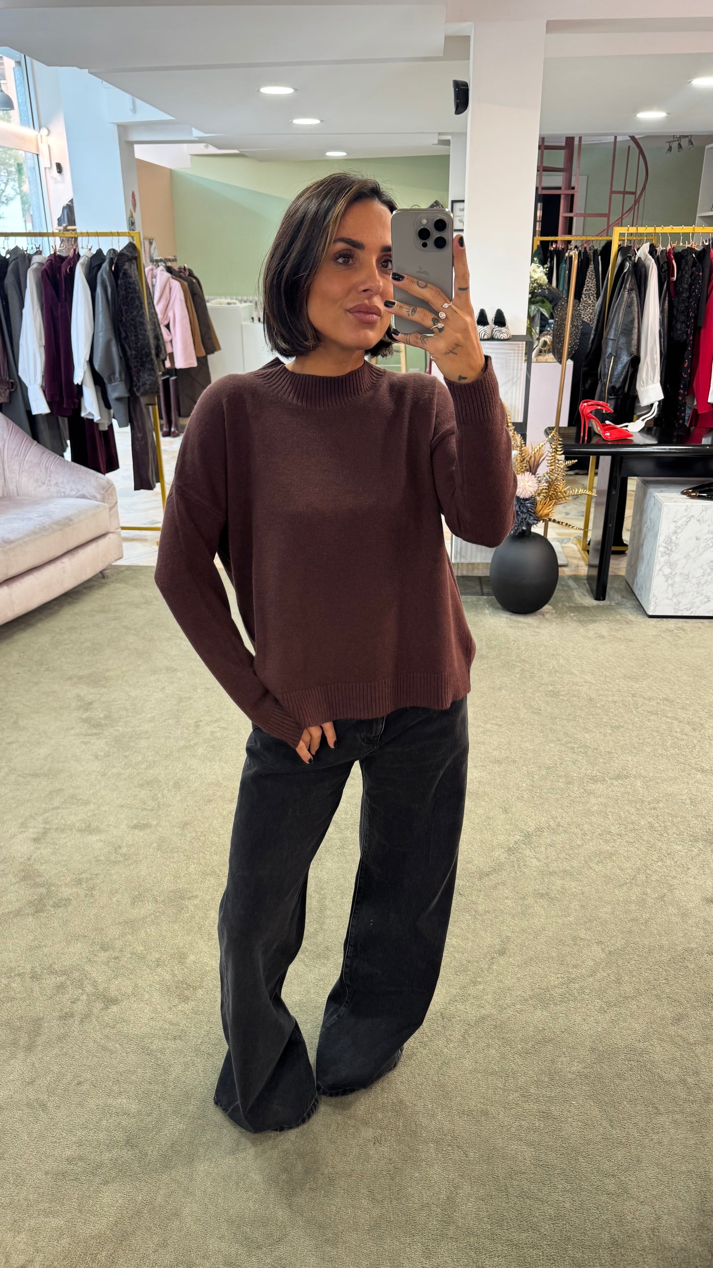 Maglione lupetto marrone a scatola tk
