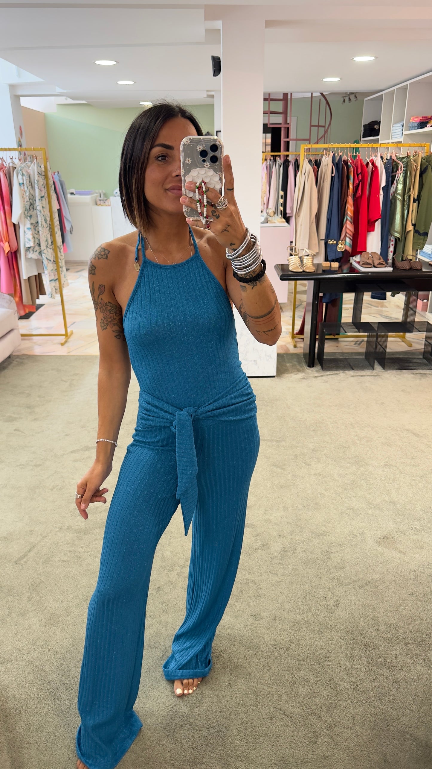Jumpsuit turchese in maglia a costine Cotazur