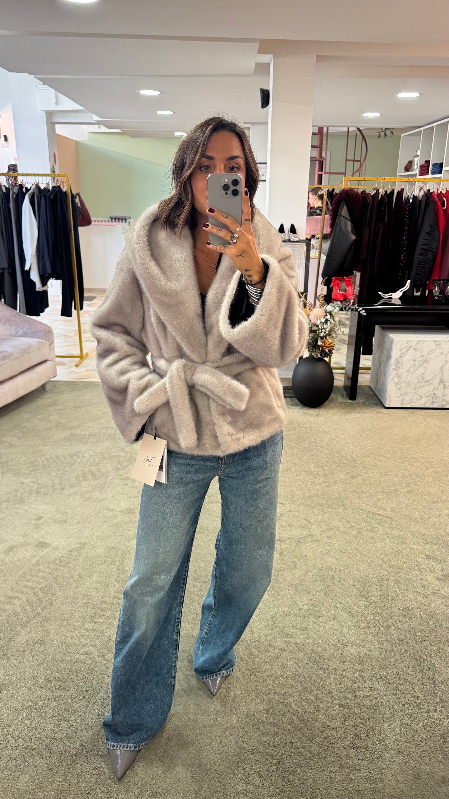 Pelliccia eco grigia luxury con cappuccio ys