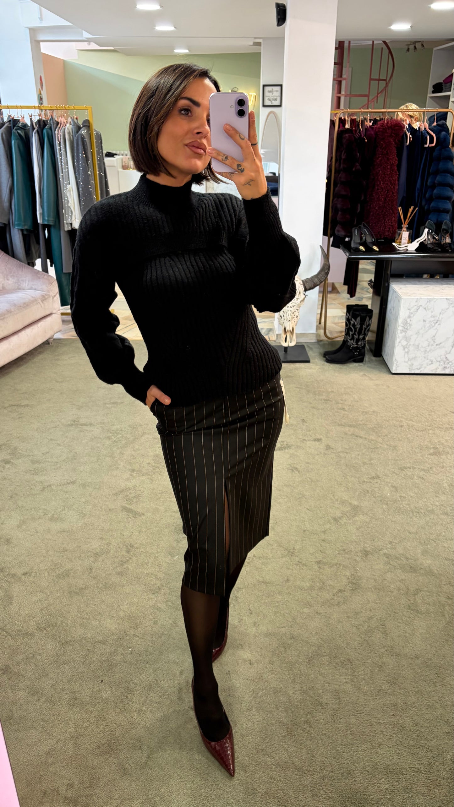 Gonna longuette MAR DE MARGARITAS nera gessata con spacco