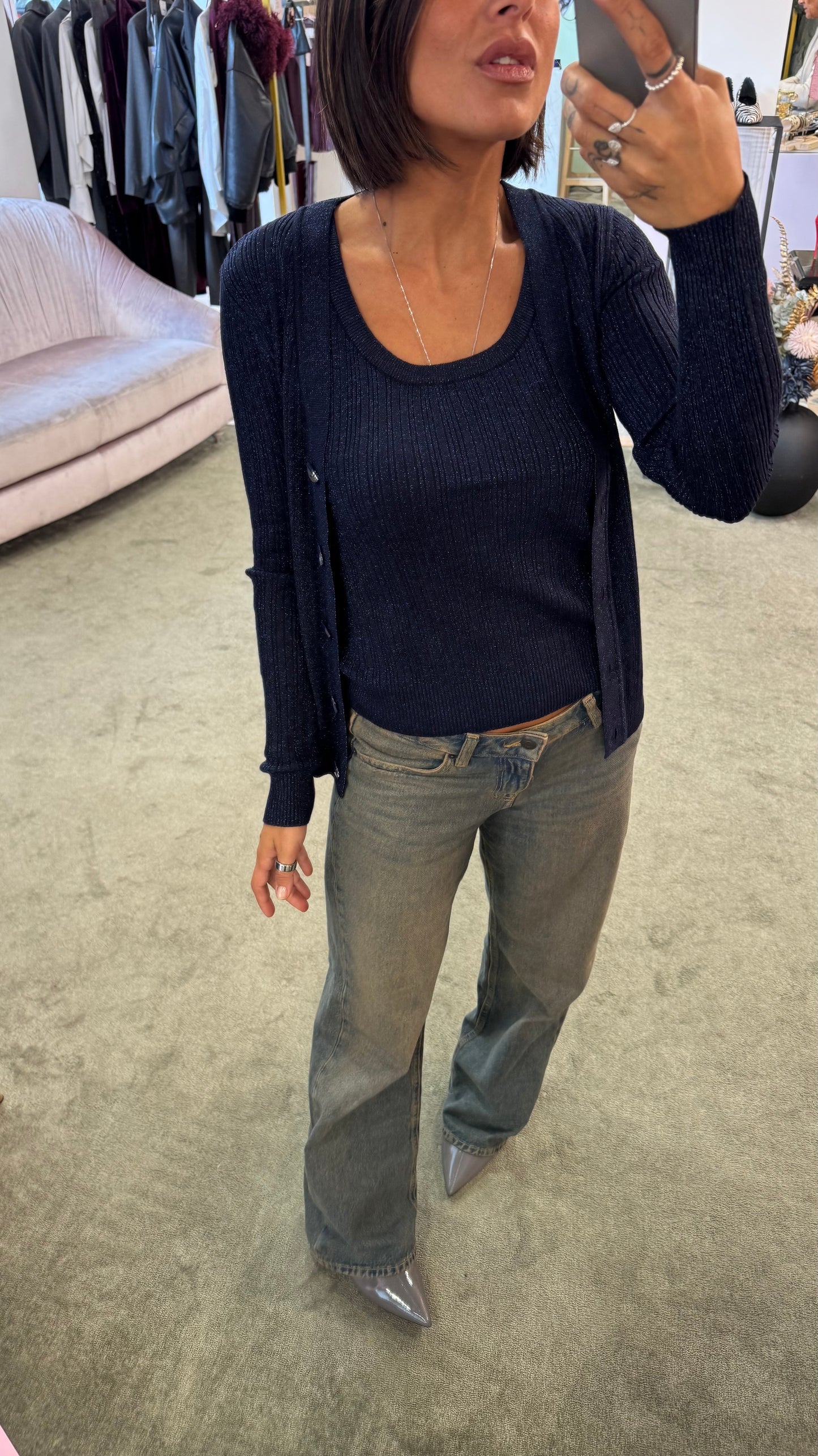 Set canotta e cardigan blu notte lurex a costine bj