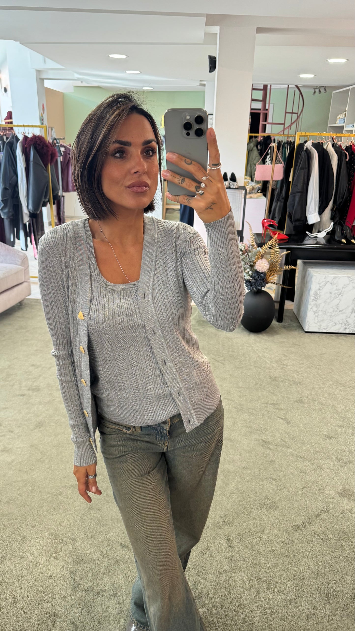 Set canotta e cardigan argento lurex a costine bj