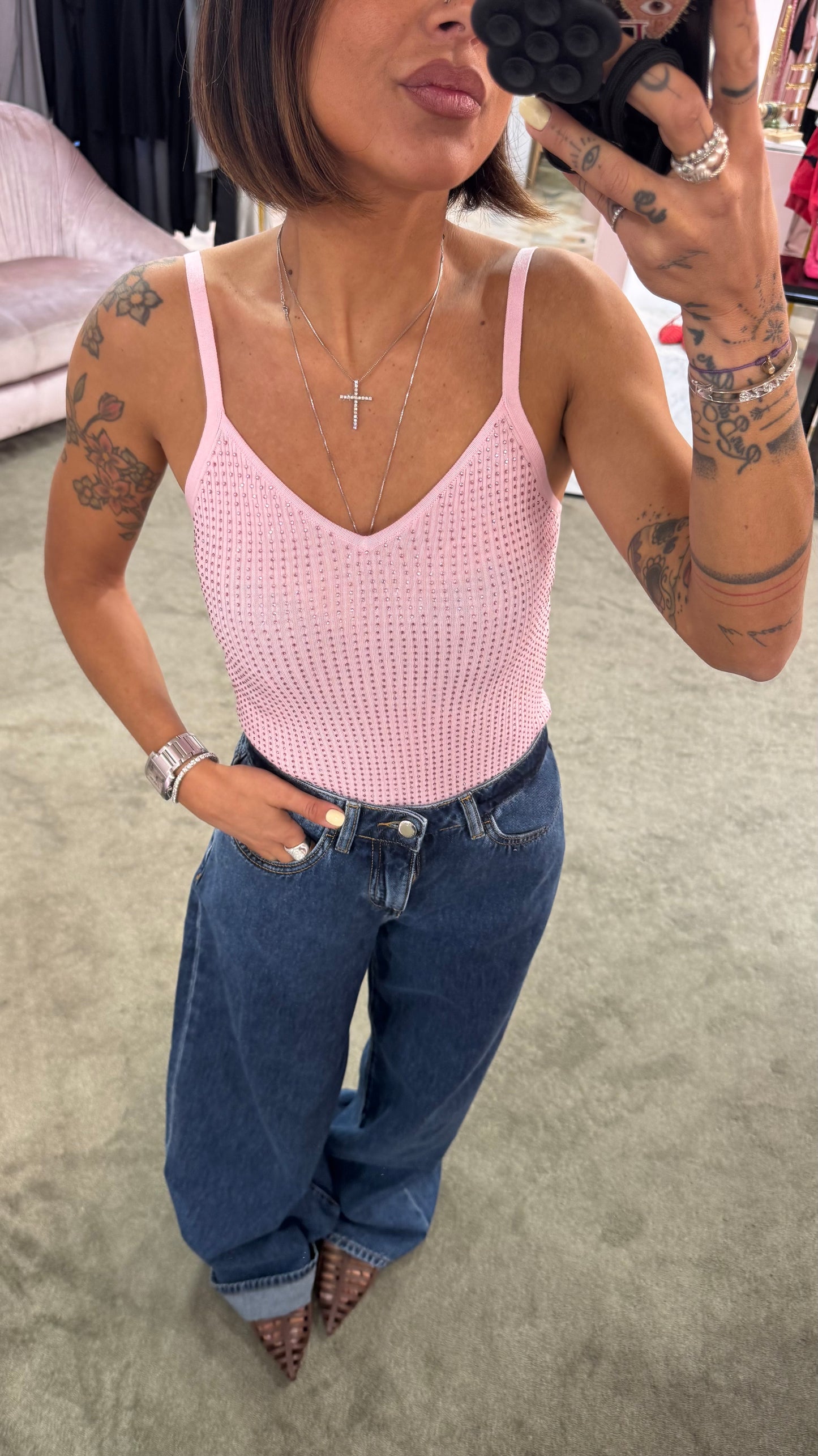Canotta in maglia viscosa rosa spallina fine con cristalli fr