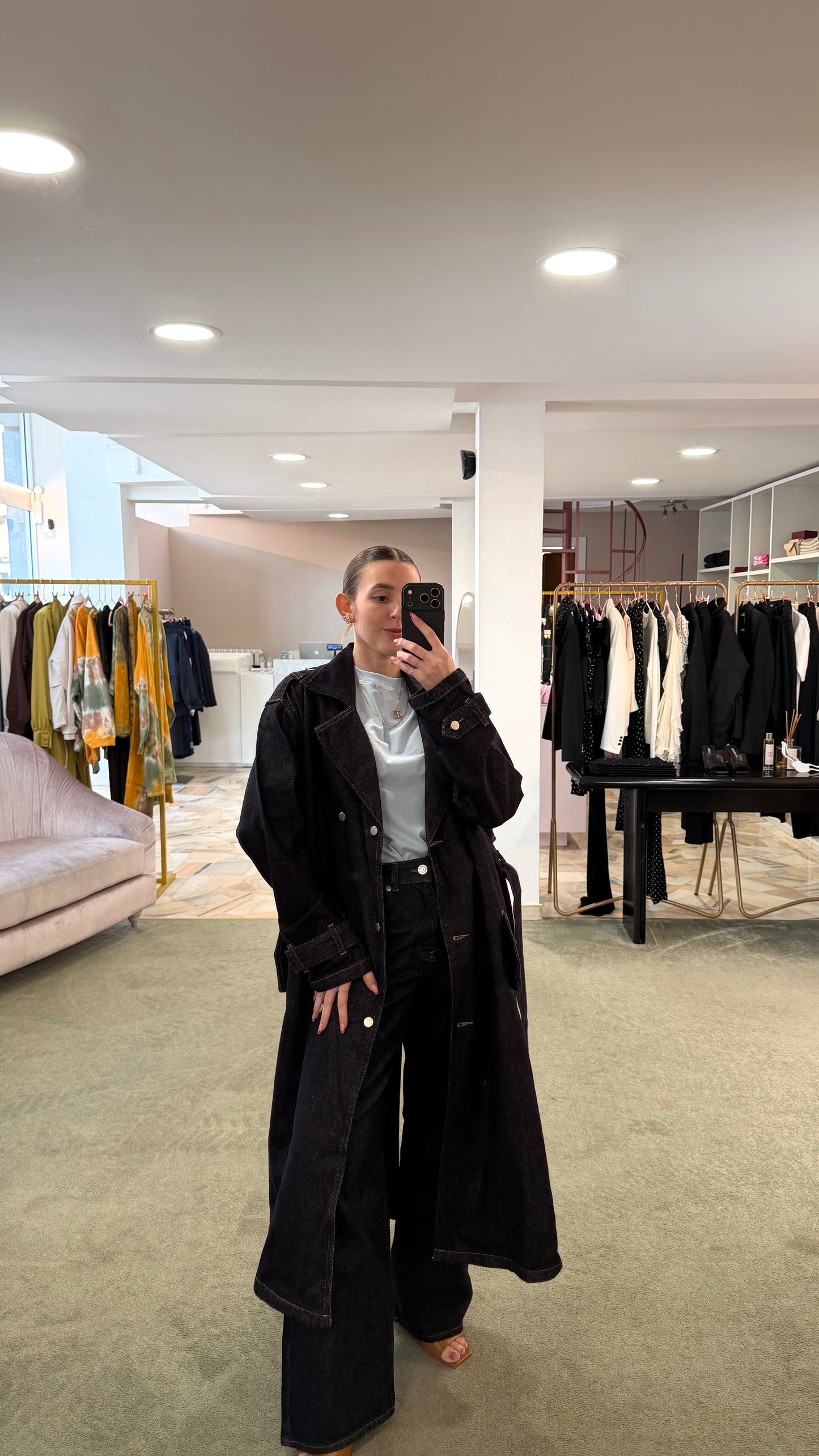 Trench lungo in jeans blu scuro gl