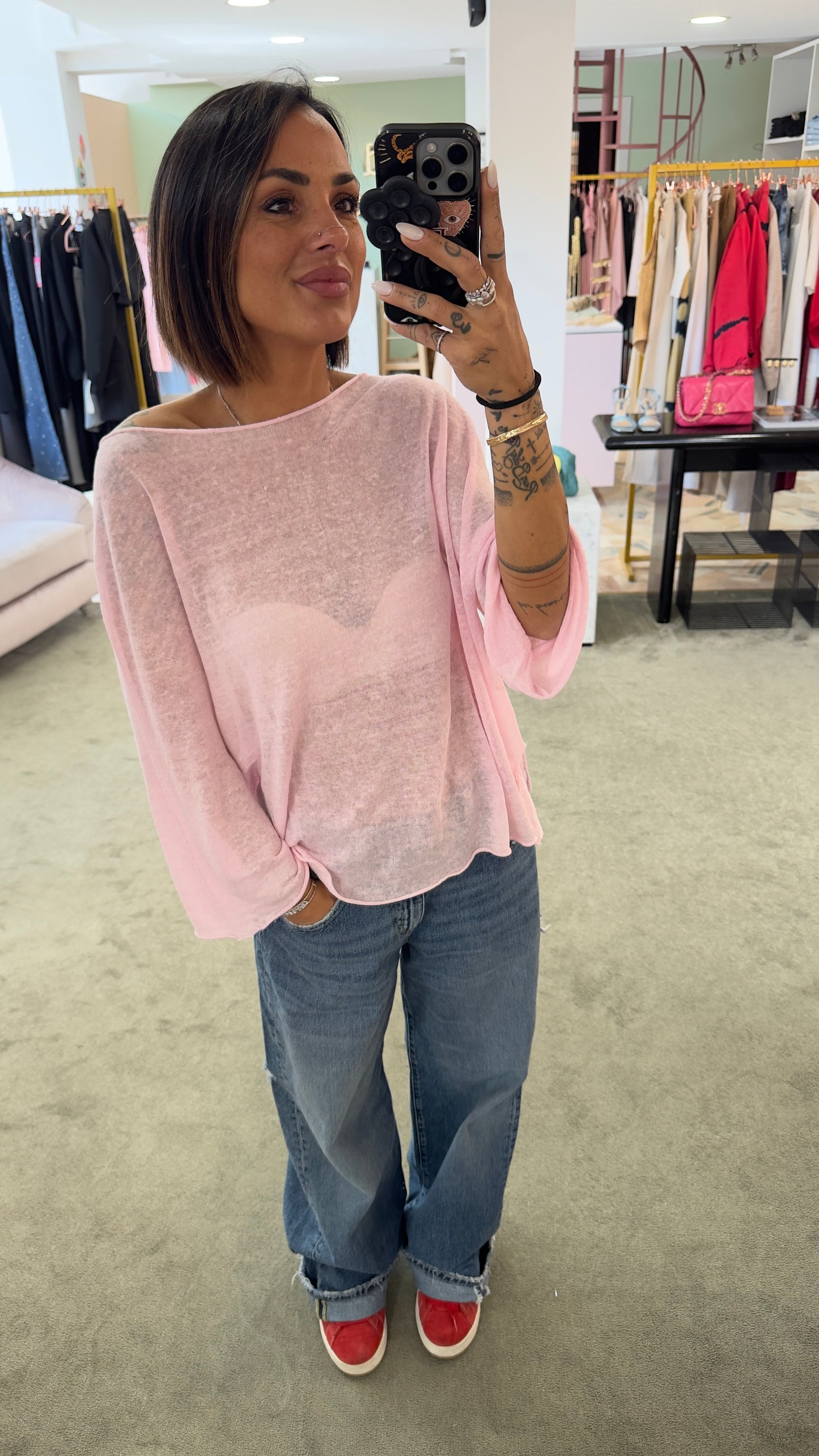 Maglia rosa a scatola manica 3/4 in lino