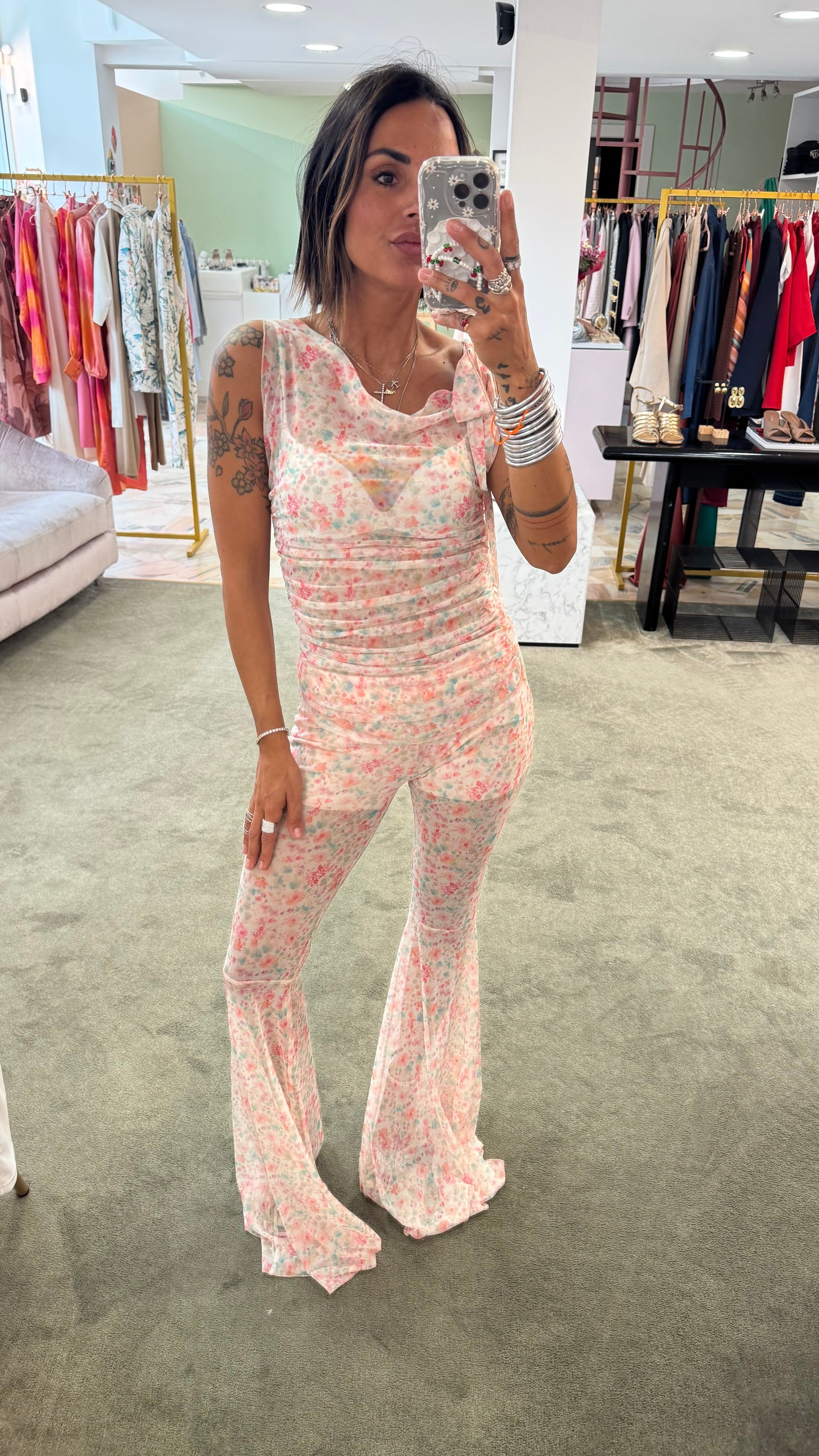 Completo canotta e pantalone in tulle a fiori ks