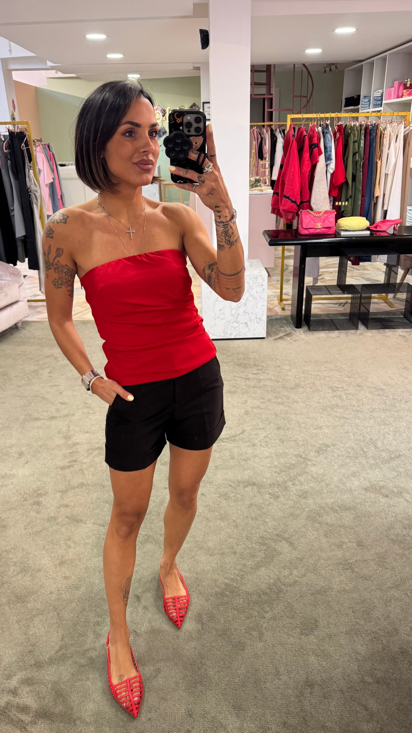 Top fascia rosso con arricciatura tessuto classico