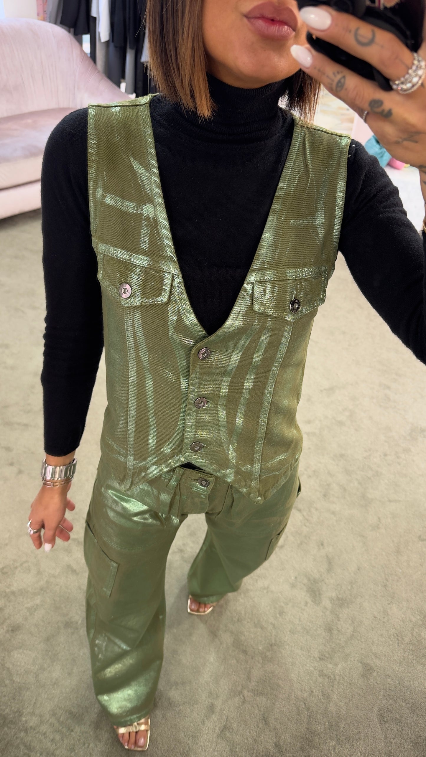 Pantaloni cargo laminati verde militare Don't@me
