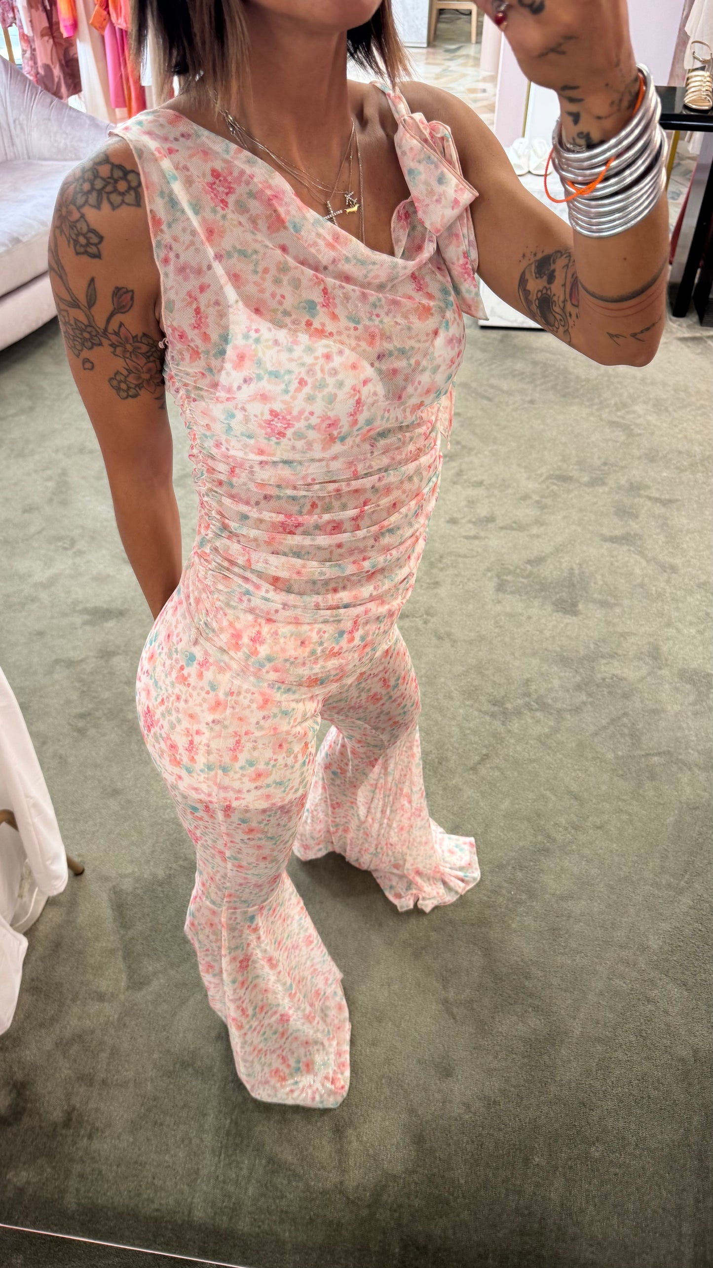 Completo canotta e pantalone in tulle a fiori ks