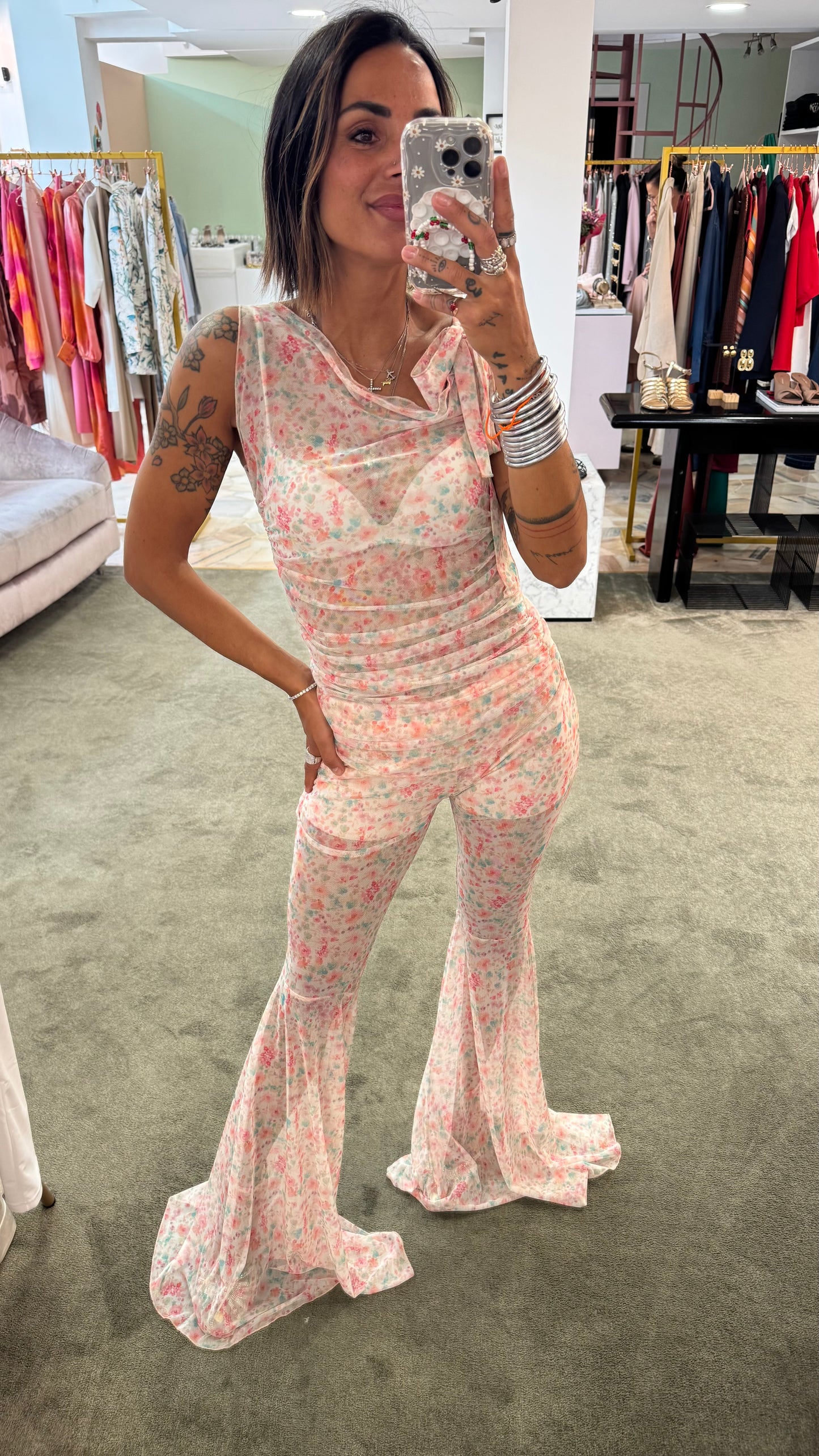 Completo canotta e pantalone in tulle a fiori ks