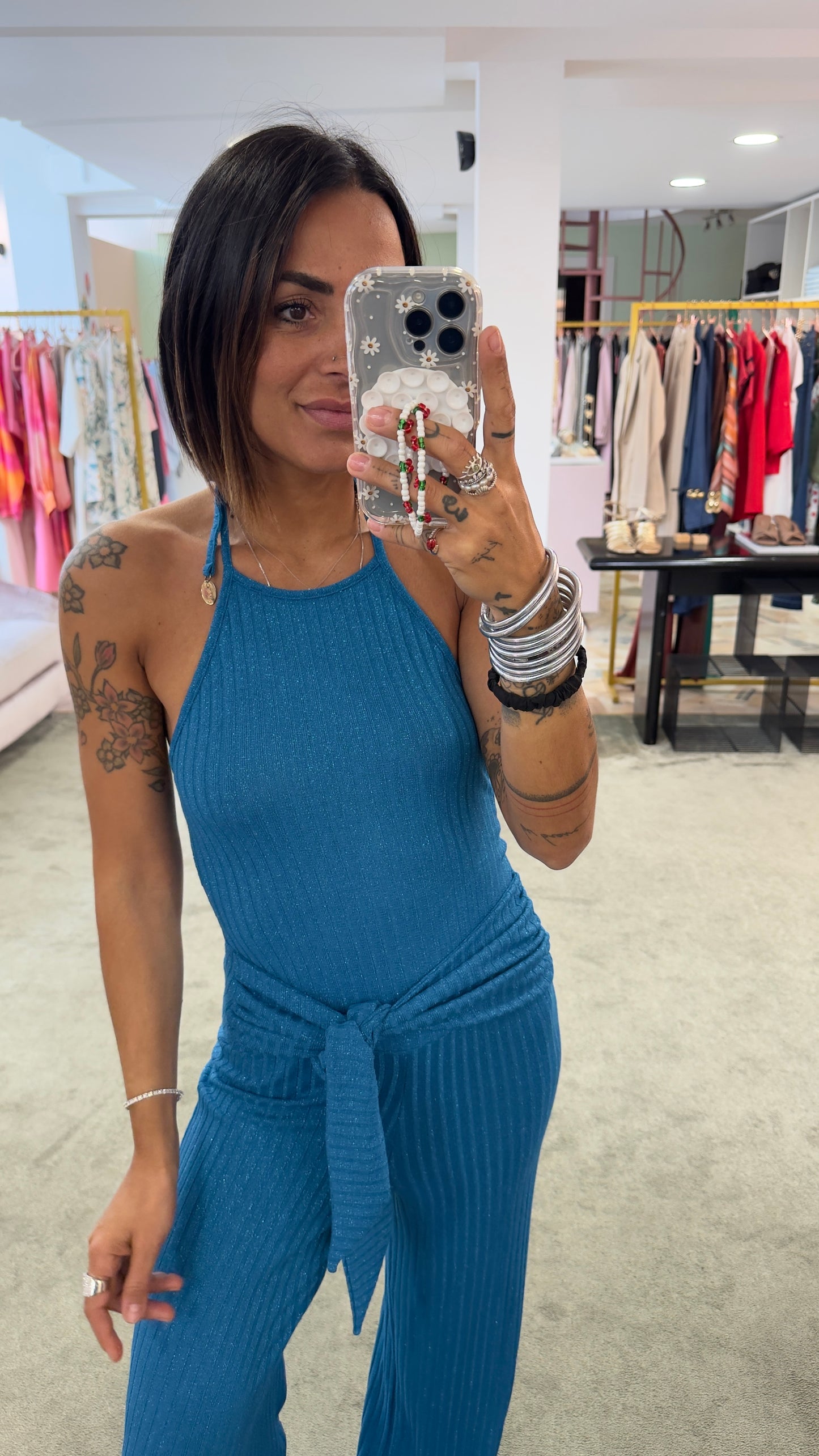 Jumpsuit turchese in maglia a costine Cotazur