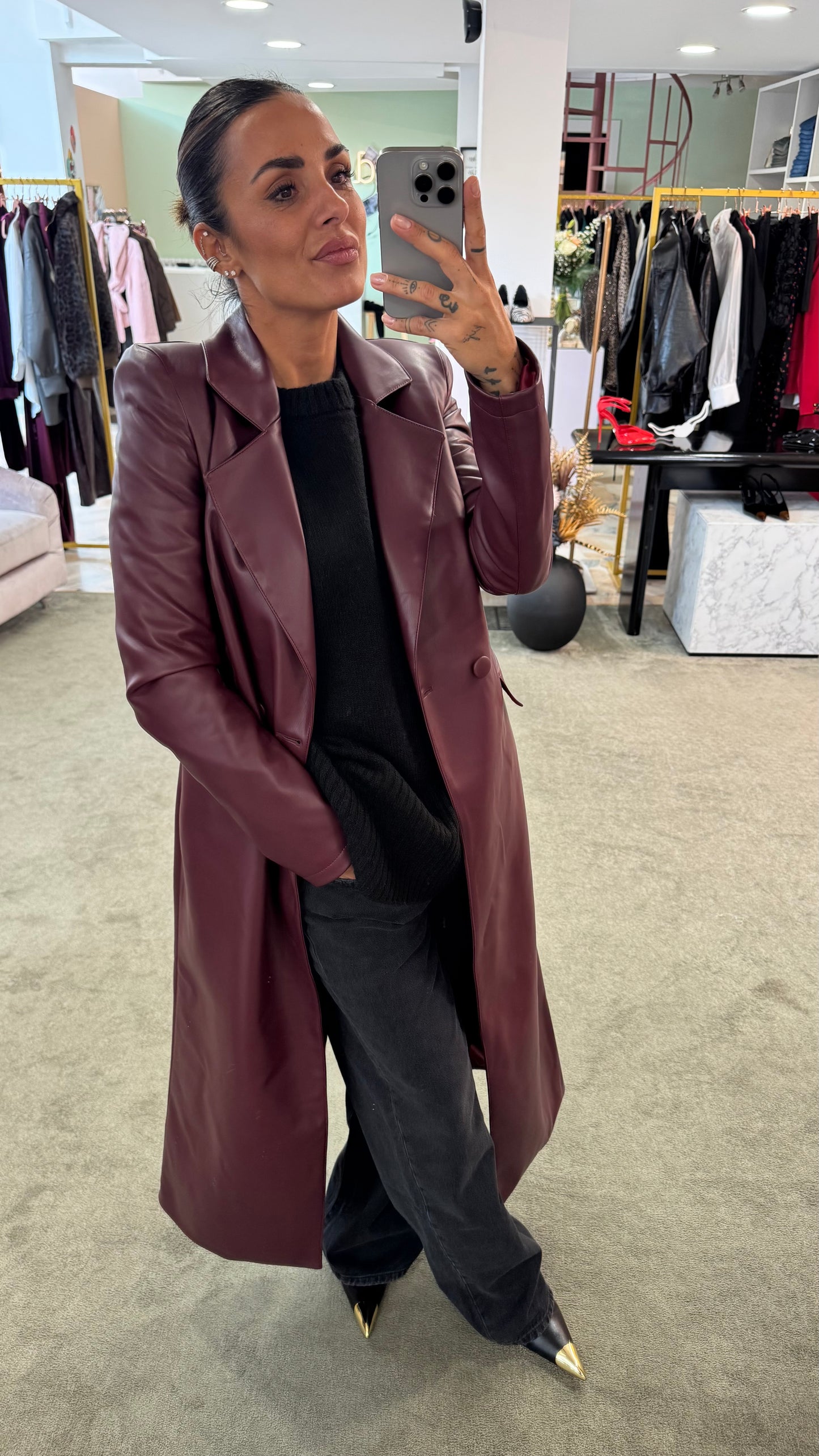 Cappotto lungo ecopelle bordeaux ks