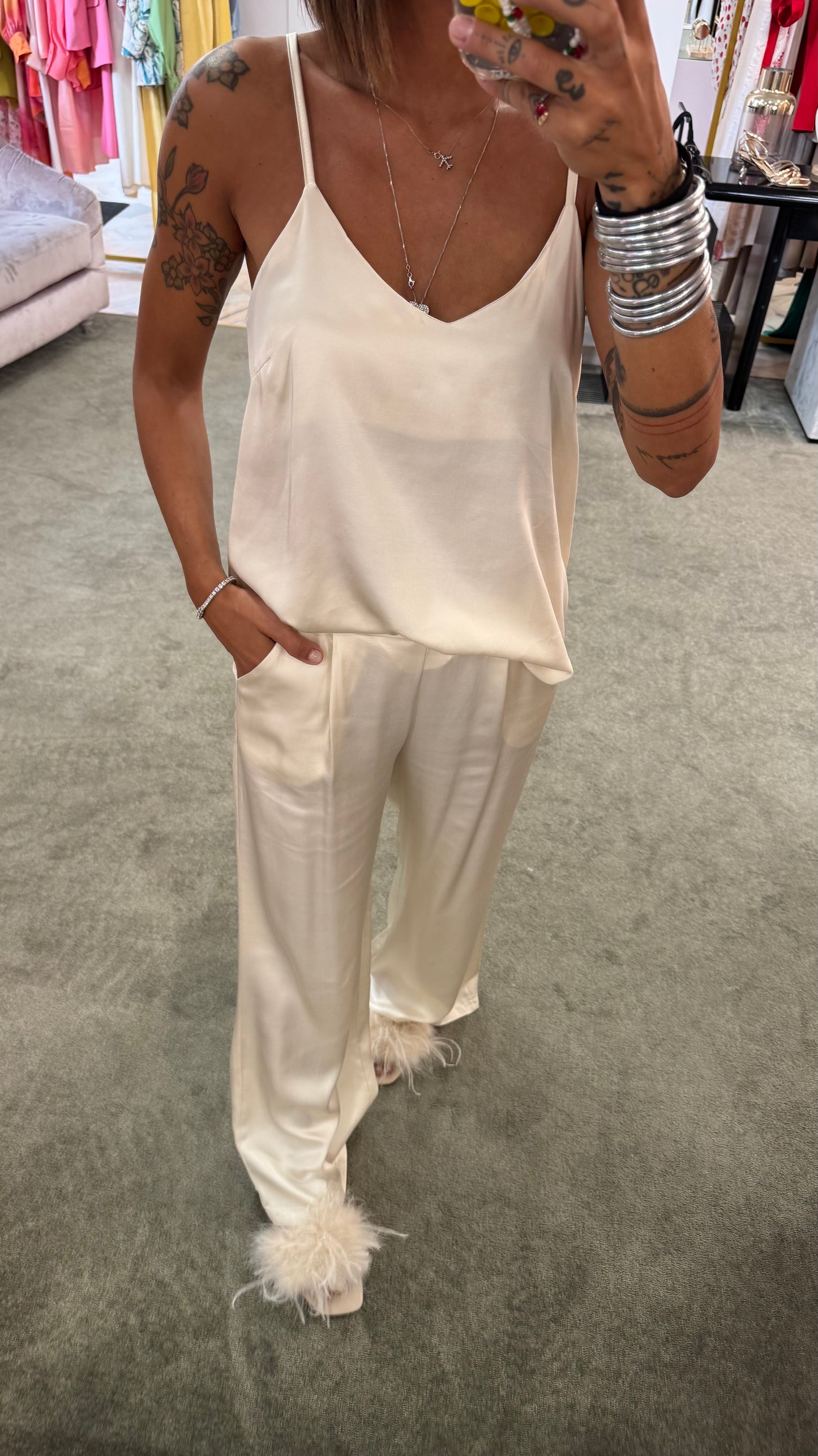 Pantaloni avorio panna con elastico satin ay