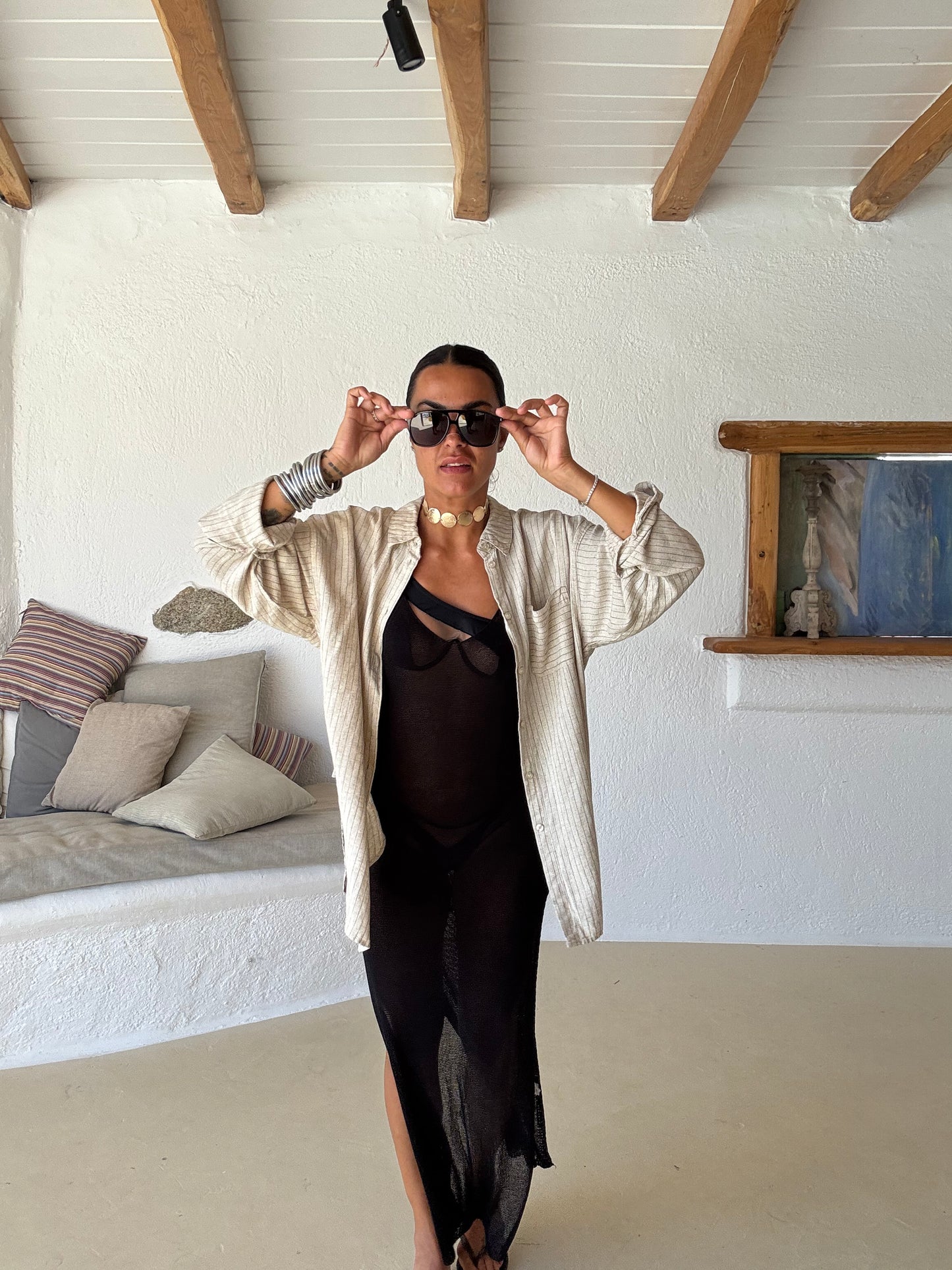 Camicia beige a righe in lino jx