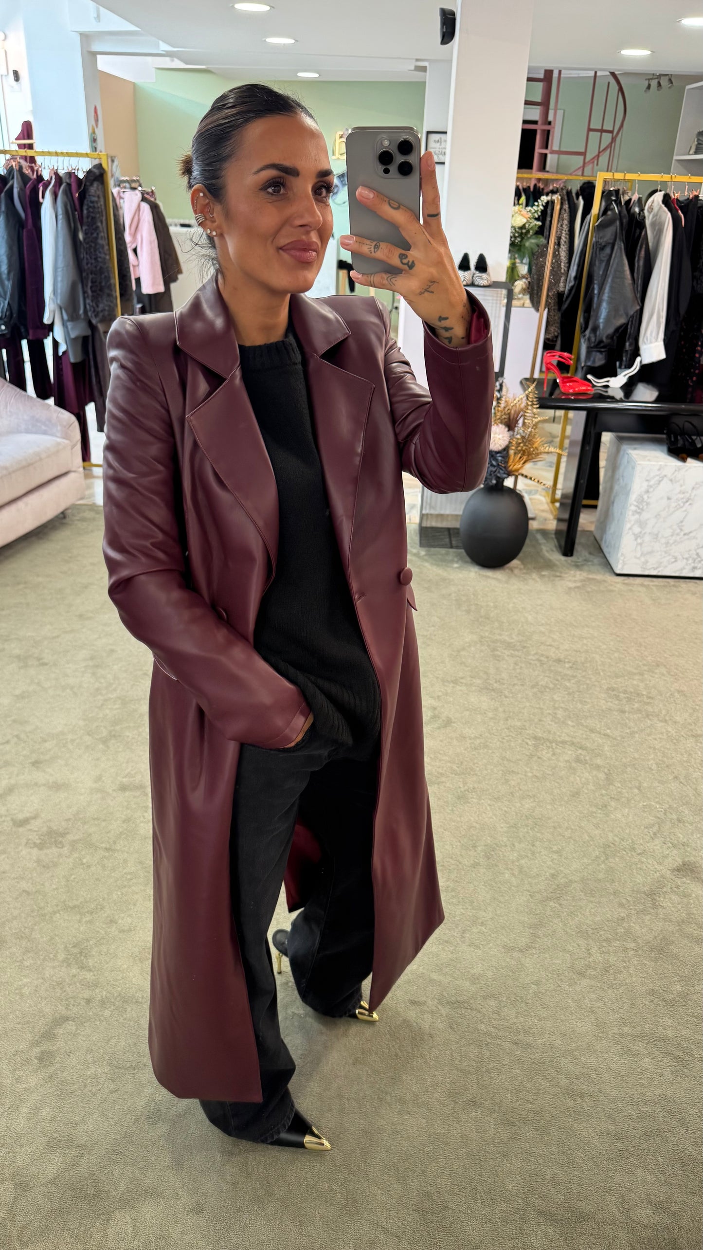 Cappotto lungo ecopelle bordeaux ks