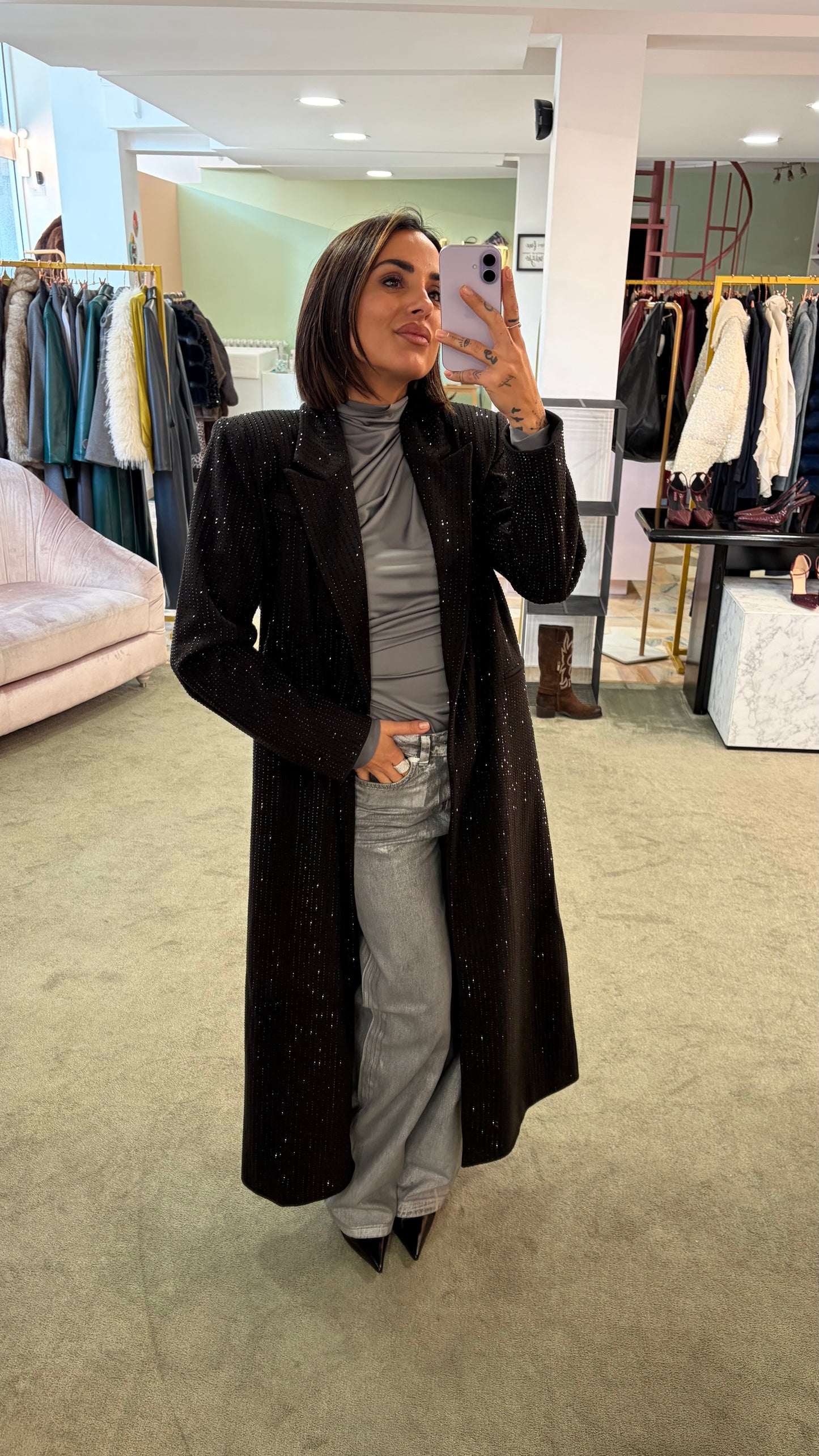 Cappotto lungo nero cristalli tw