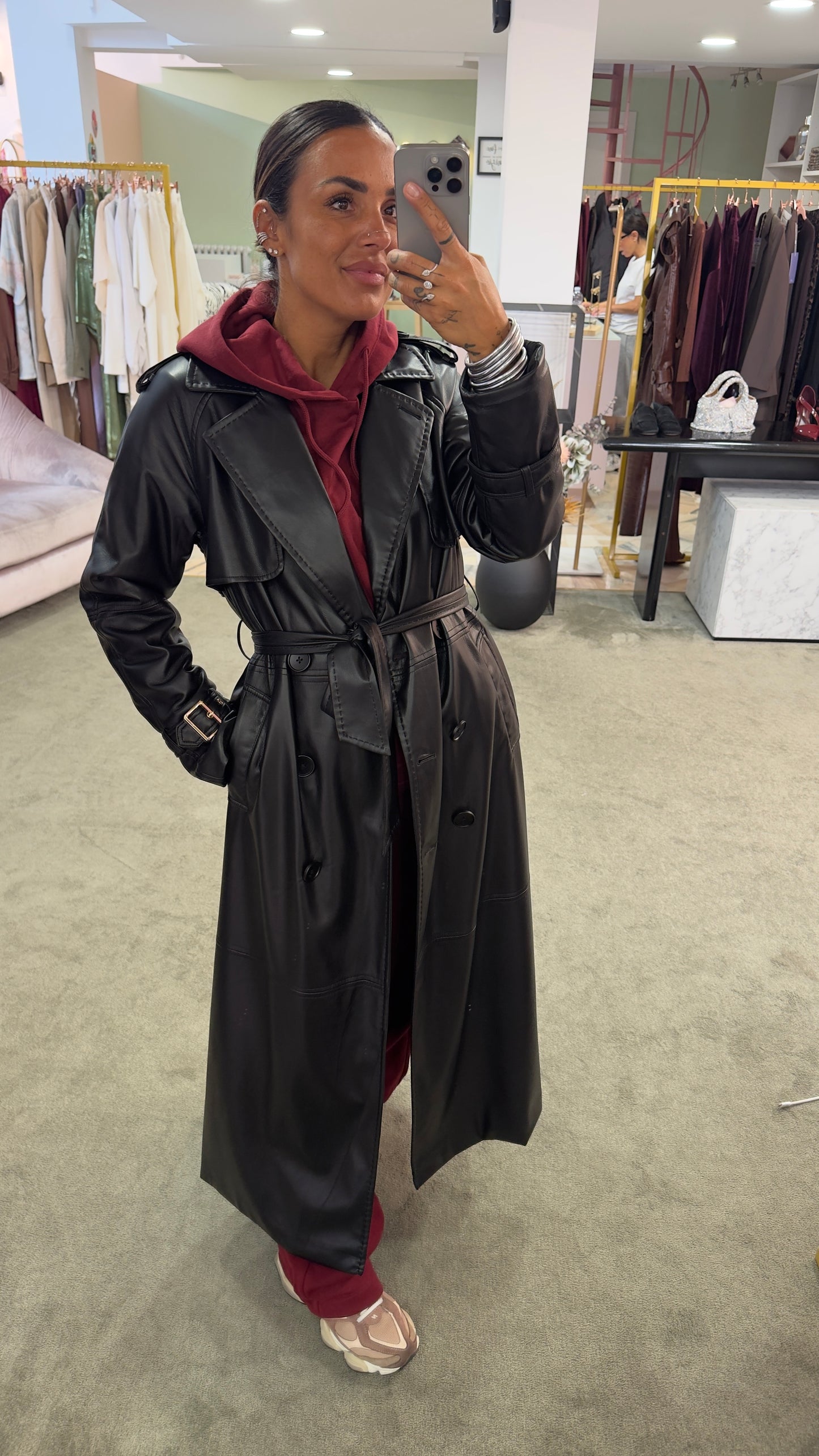 Trench nero lungo in ecopelle fr